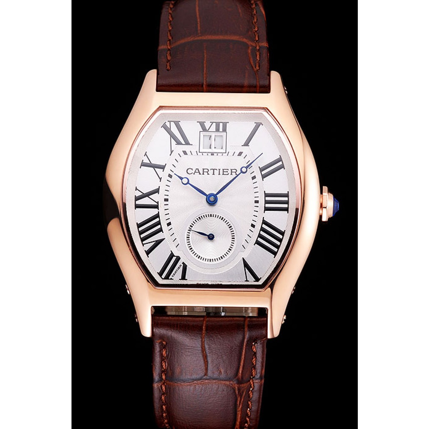 MiroTime Cartier Tortue Large Date White Dial Gold Case Brown Leather Strap