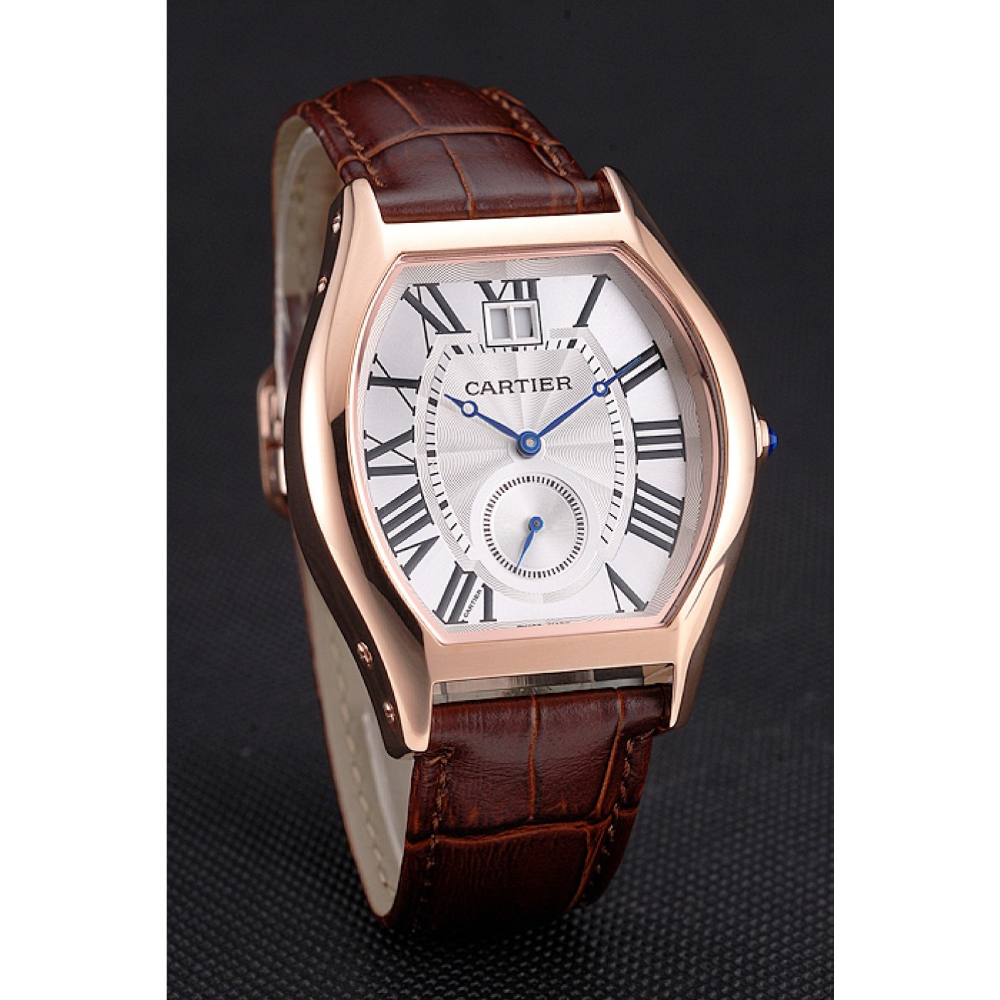 MiroTime Cartier Tortue Large Date White Dial Gold Case Brown Leather Strap
