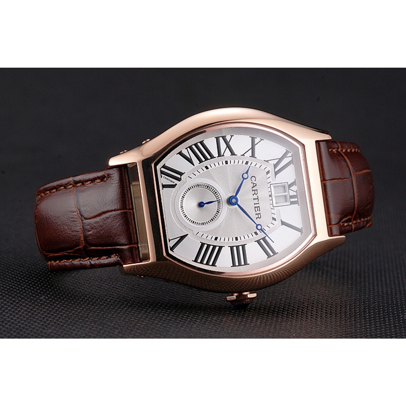 MiroTime Cartier Tortue Large Date White Dial Gold Case Brown Leather Strap