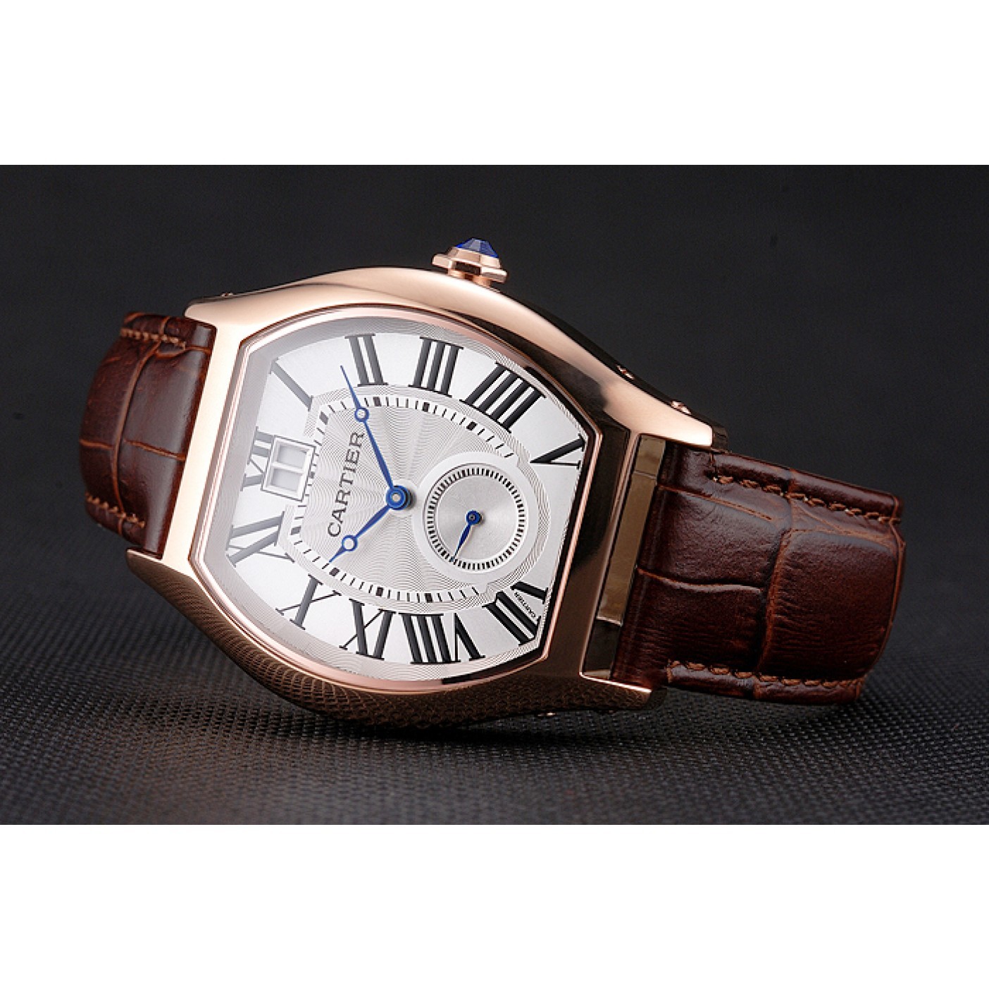 MiroTime Cartier Tortue Large Date White Dial Gold Case Brown Leather Strap