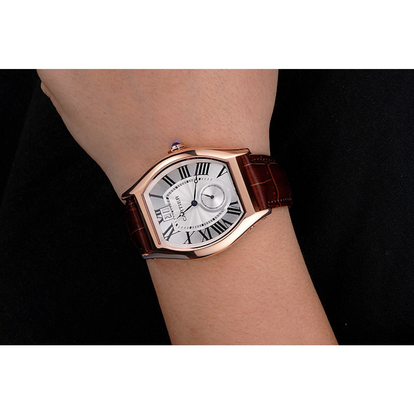 MiroTime Cartier Tortue Large Date White Dial Gold Case Brown Leather Strap