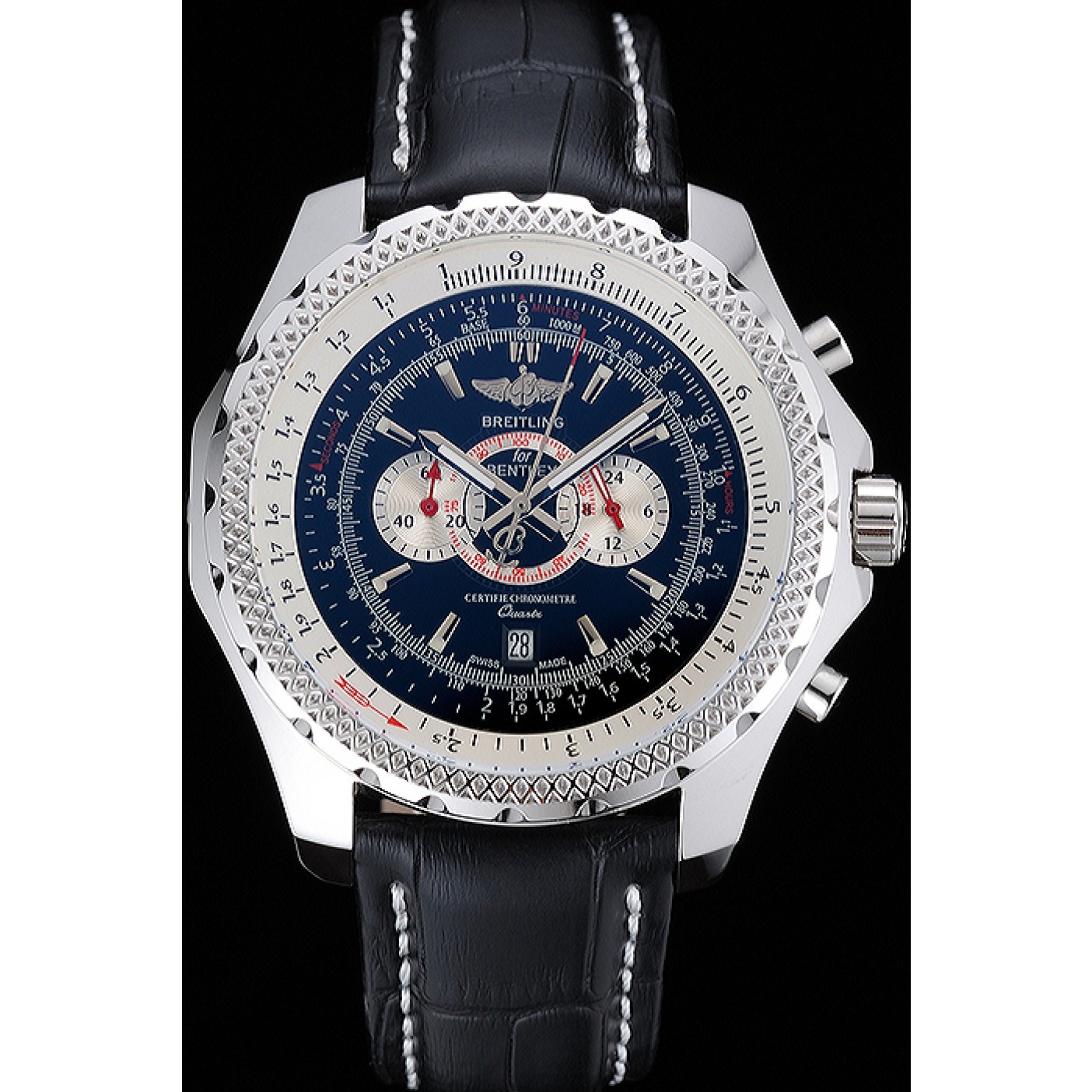 MiroTime Breitling Bentley Chronograph Black Dial Black Leather Strap