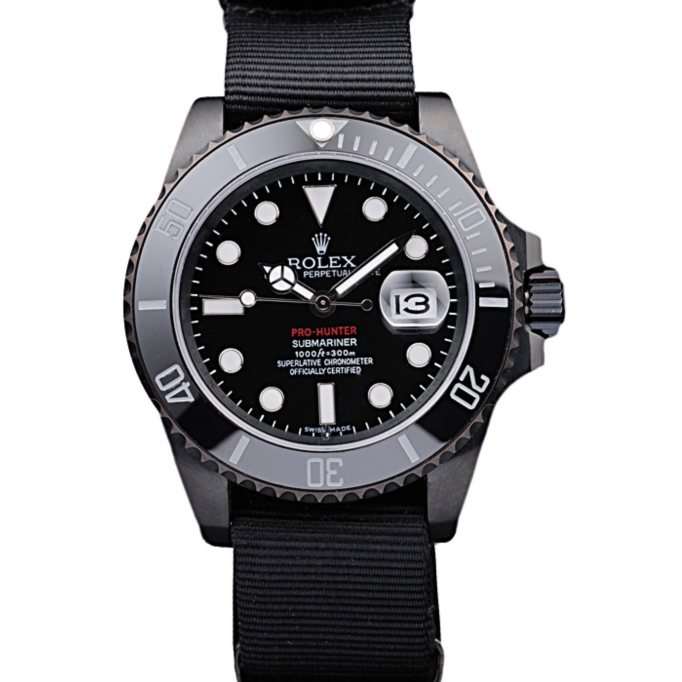 MiroTime Rolex Swiss Submariner Pro-Hunter Black Fabric Strap Black Dial