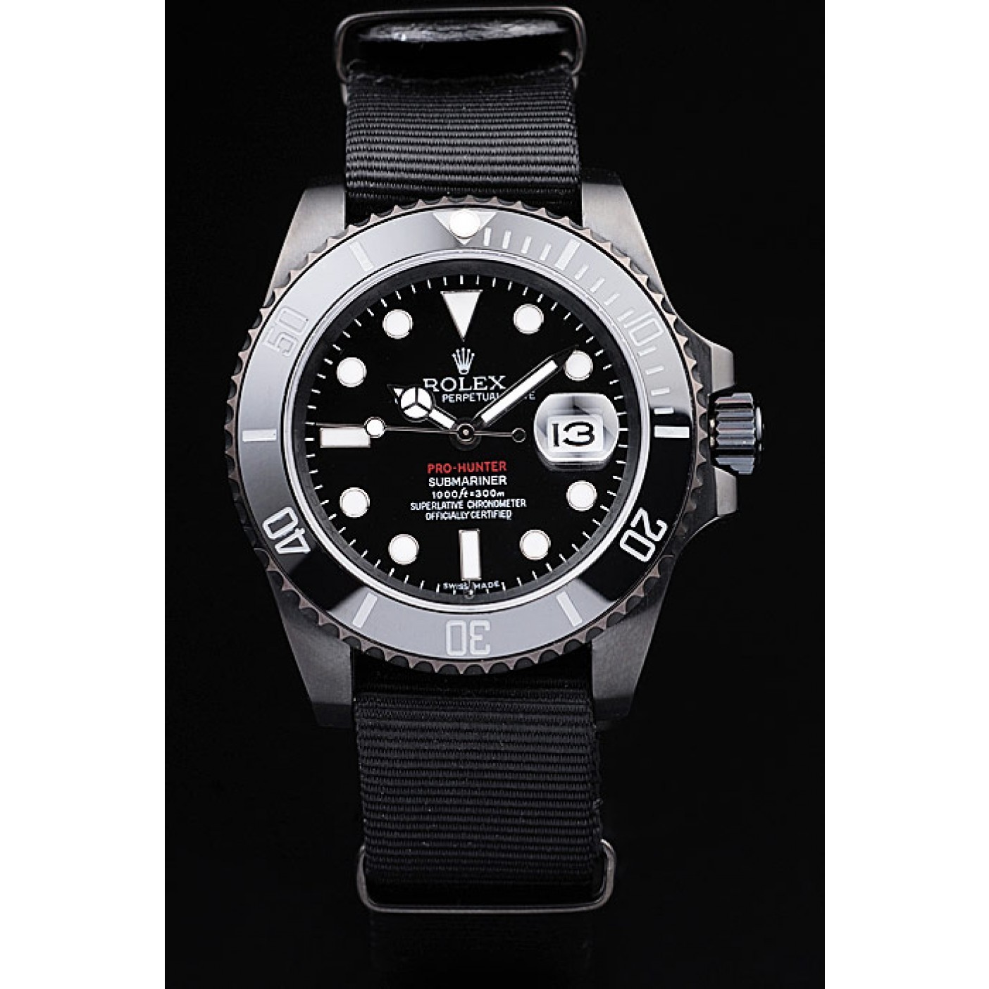 MiroTime Rolex Swiss Submariner Pro-Hunter Black Fabric Strap Black Dial
