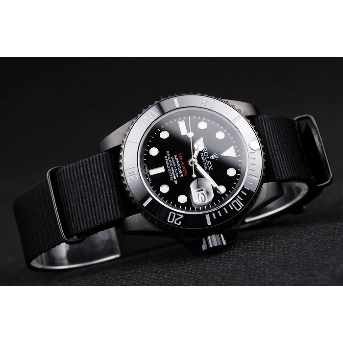 MiroTime Rolex Swiss Submariner Pro-Hunter Black Fabric Strap Black Dial