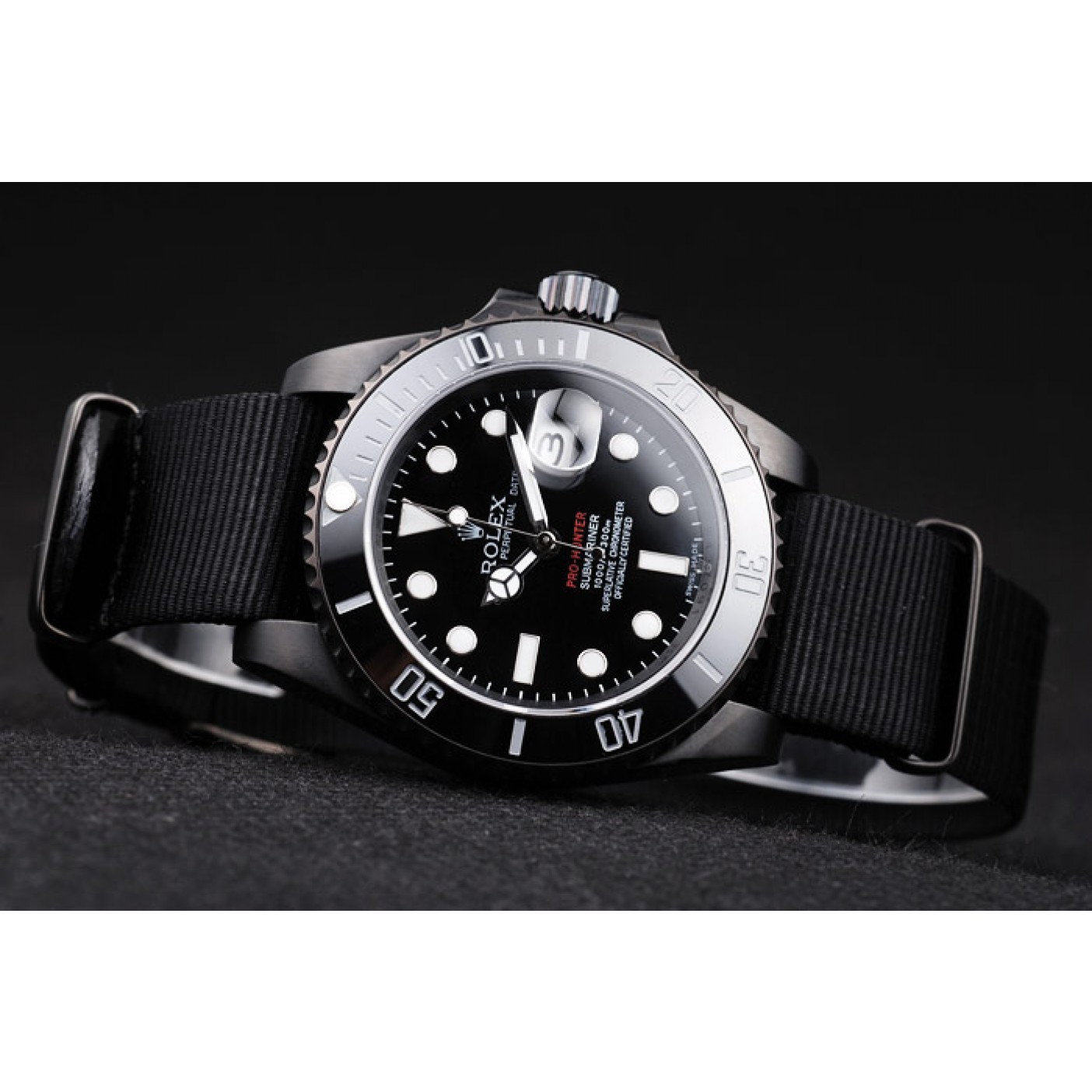 MiroTime Rolex Swiss Submariner Pro-Hunter Black Fabric Strap Black Dial