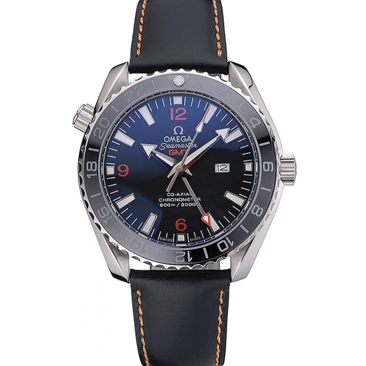 MiroTime Omega Seamaster Planet Ocean GMT Black Dial Black Leather Band 622393