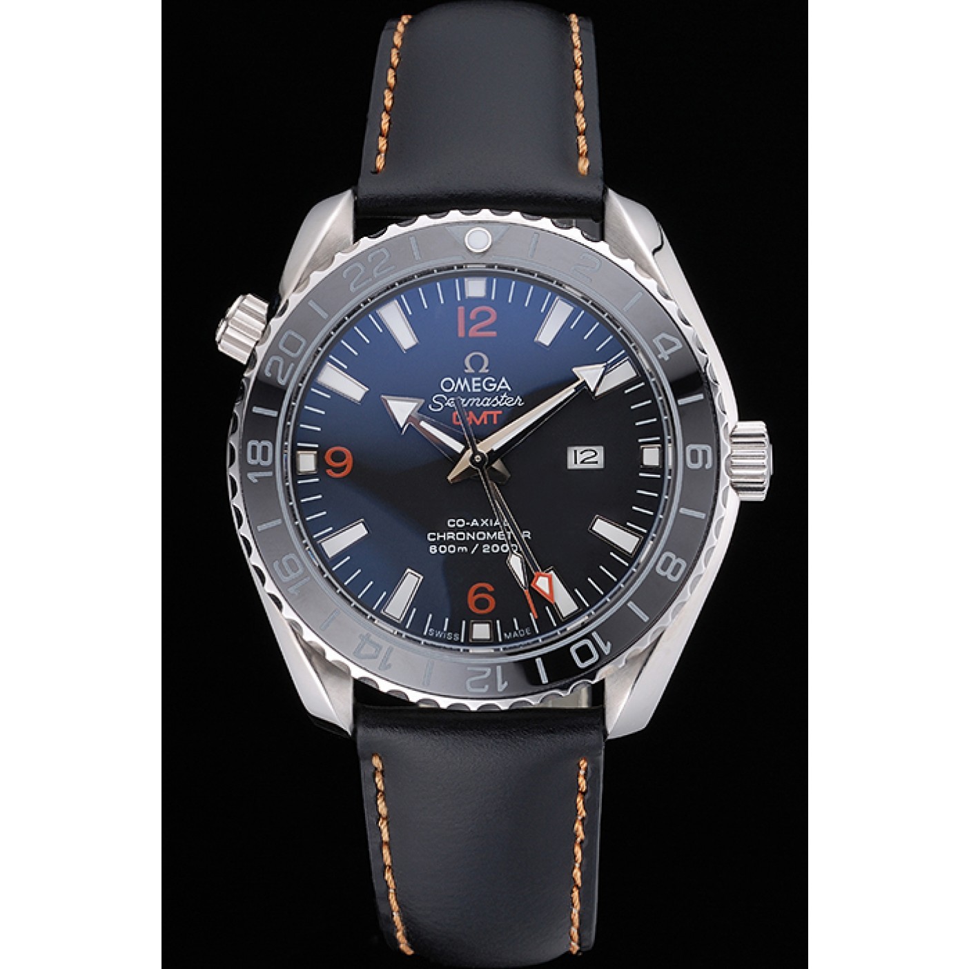 MiroTime Omega Seamaster Planet Ocean GMT Black Dial Black Leather Band 622393