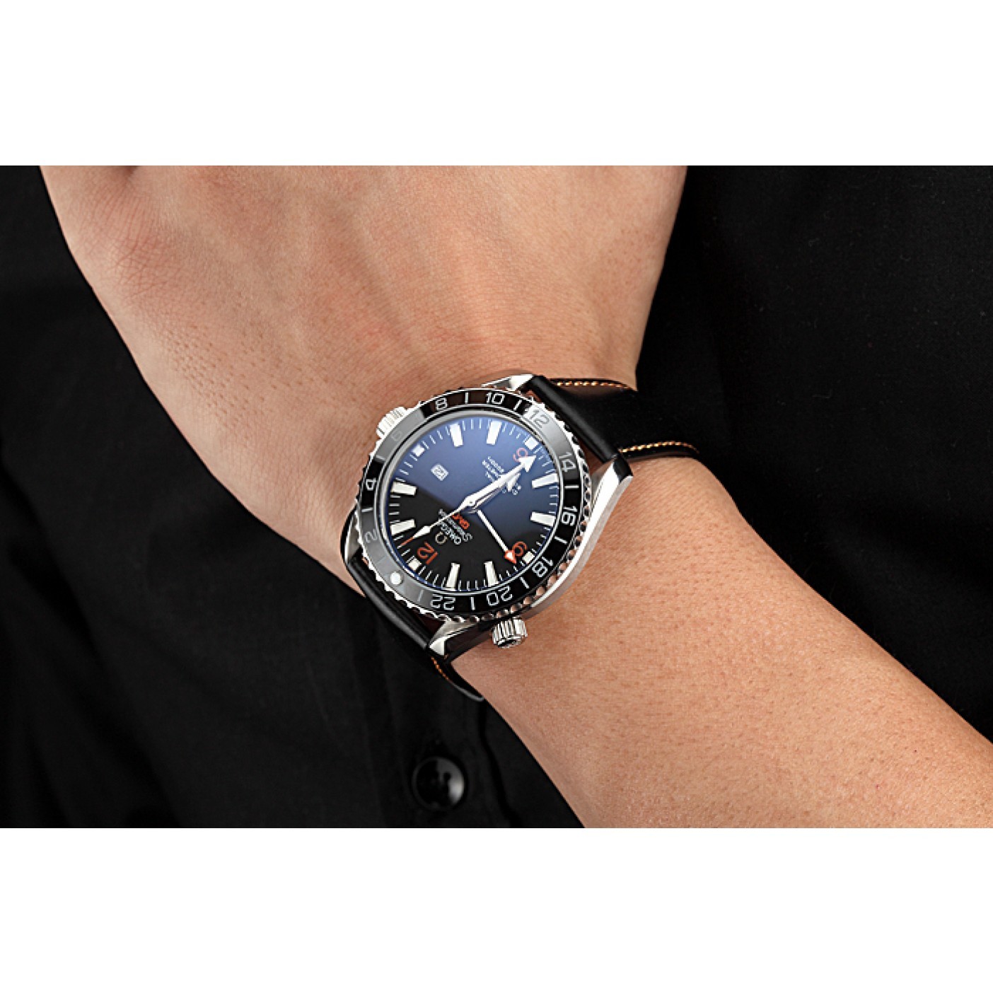 MiroTime Omega Seamaster Planet Ocean GMT Black Dial Black Leather Band 622393