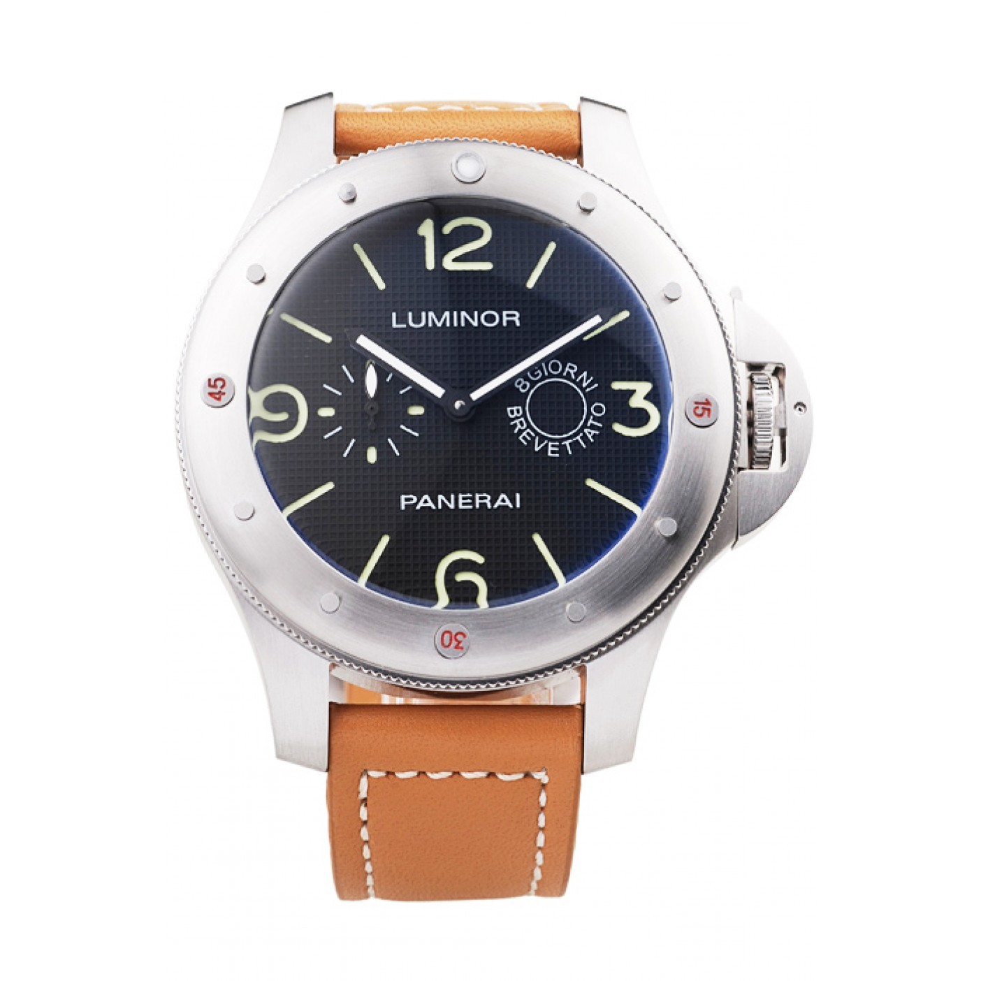 MiroTime Panerai Luminor Brushed Stainless Steel Case Blue Dial Brown Leather Strap