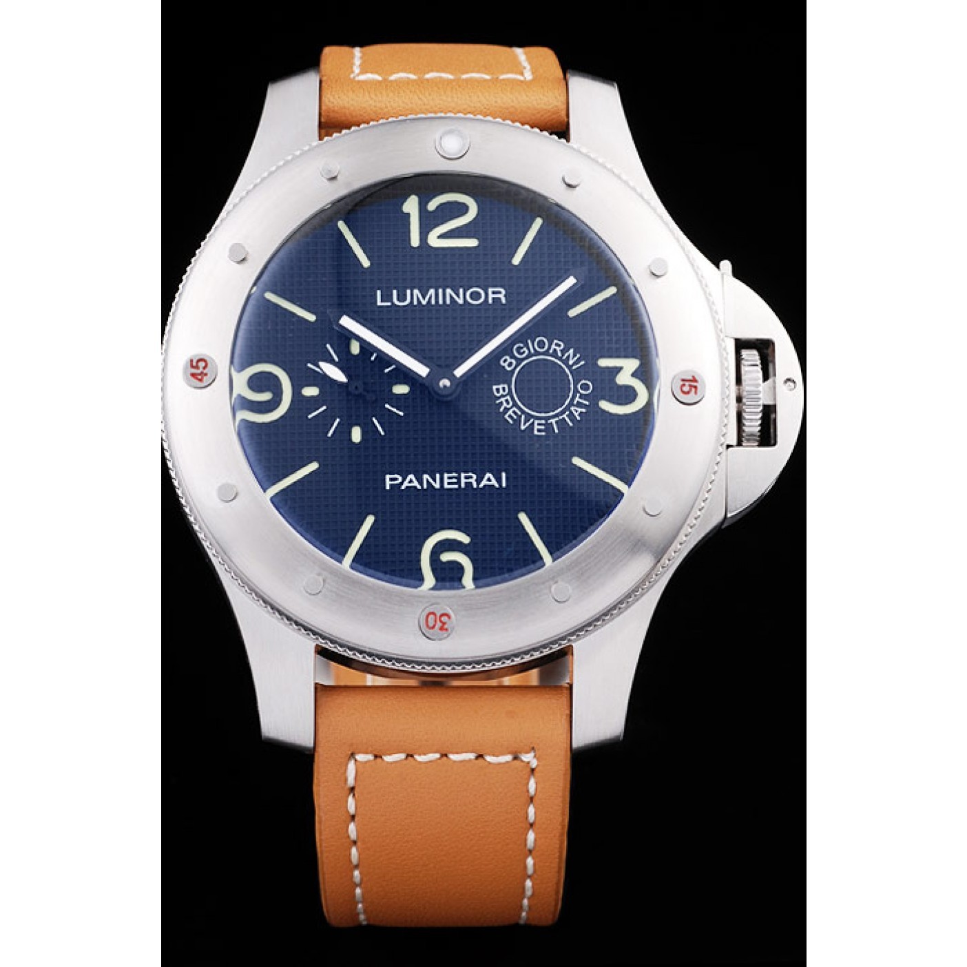MiroTime Panerai Luminor Brushed Stainless Steel Case Blue Dial Brown Leather Strap
