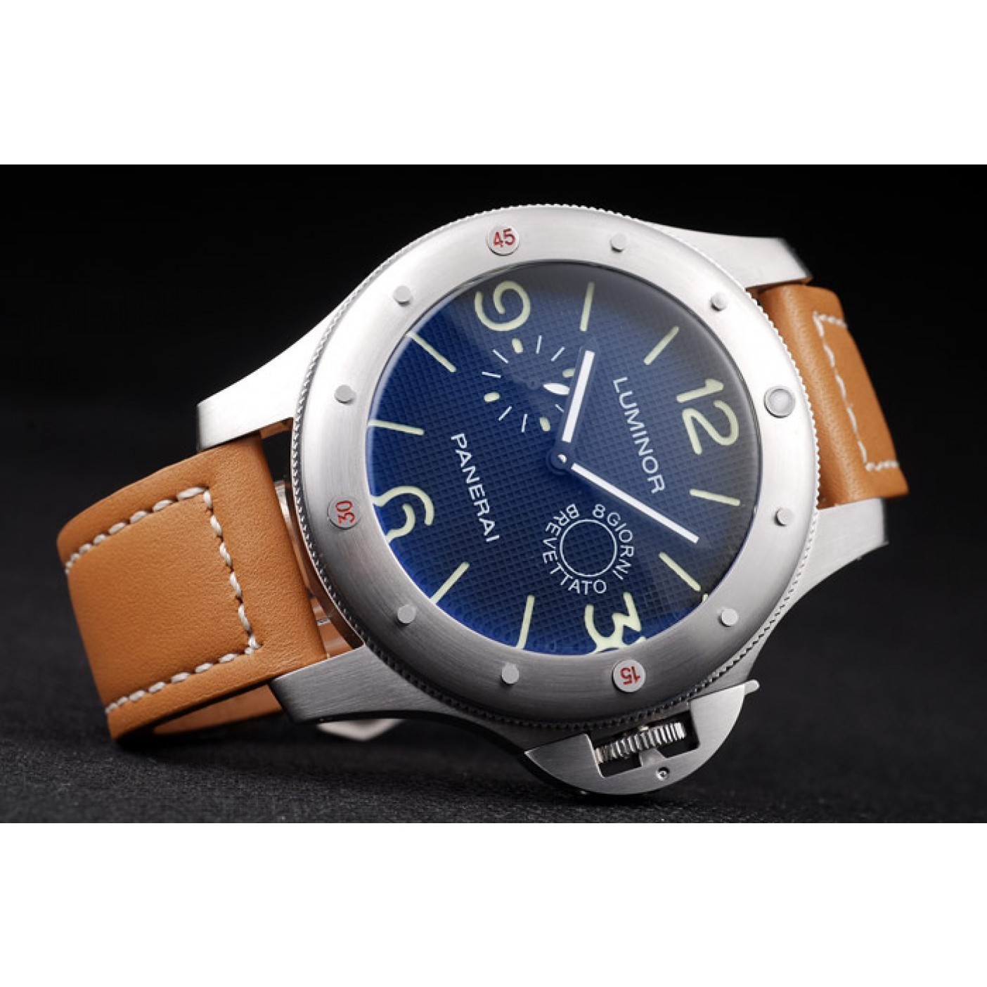 MiroTime Panerai Luminor Brushed Stainless Steel Case Blue Dial Brown Leather Strap