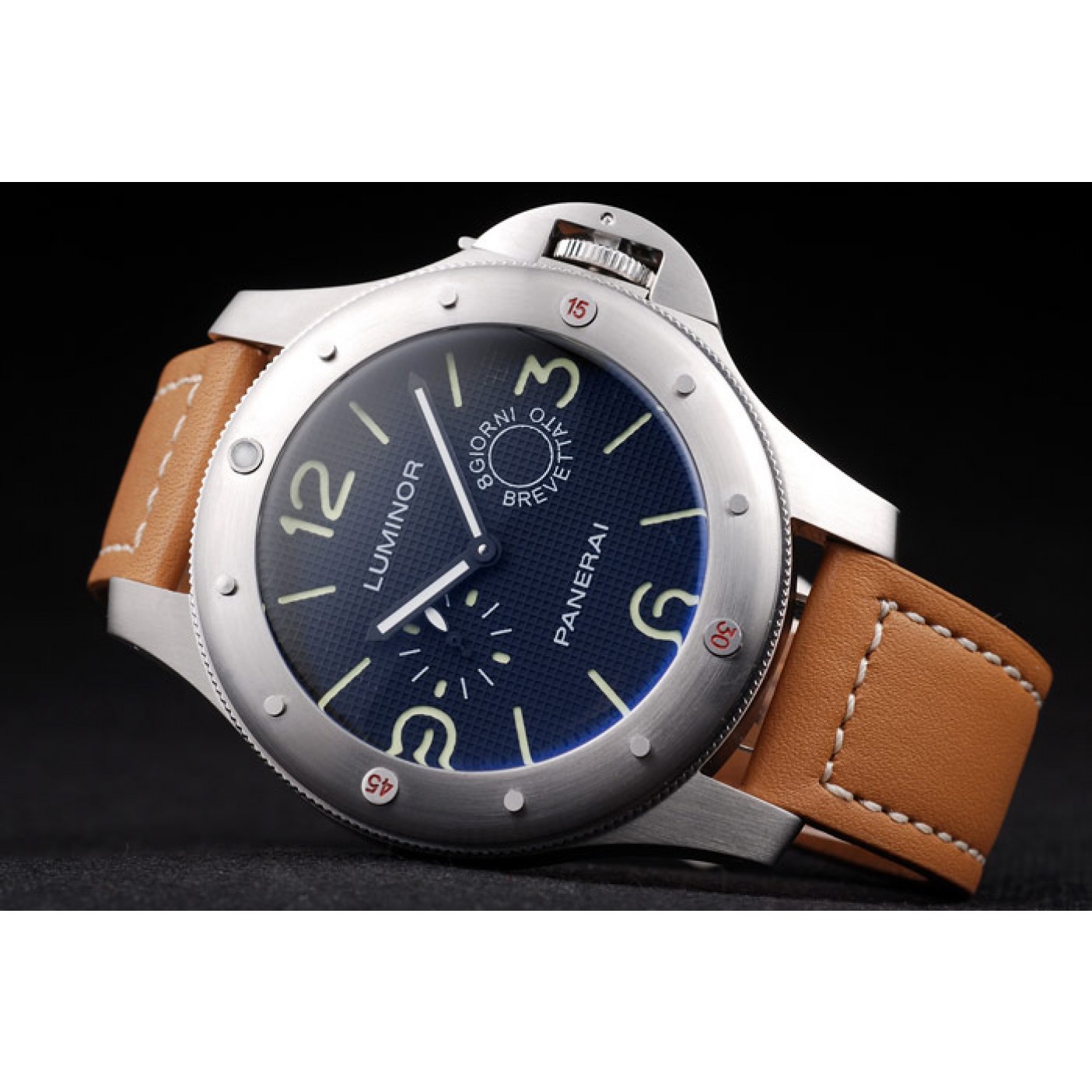 MiroTime Panerai Luminor Brushed Stainless Steel Case Blue Dial Brown Leather Strap