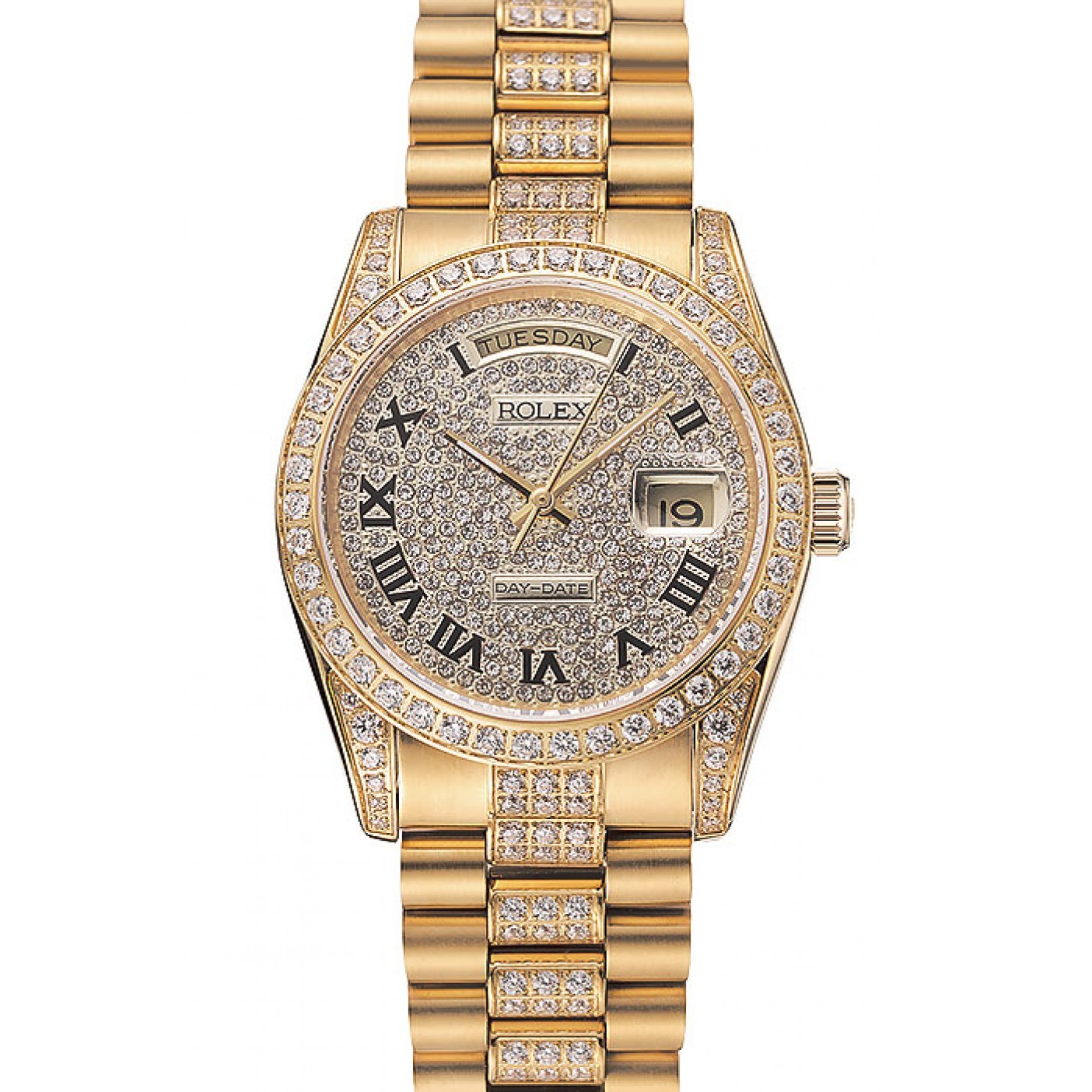MiroTime Swiss Rolex Day-Date Diamond Pave Dial Gold Diamond Bracelet 1453956