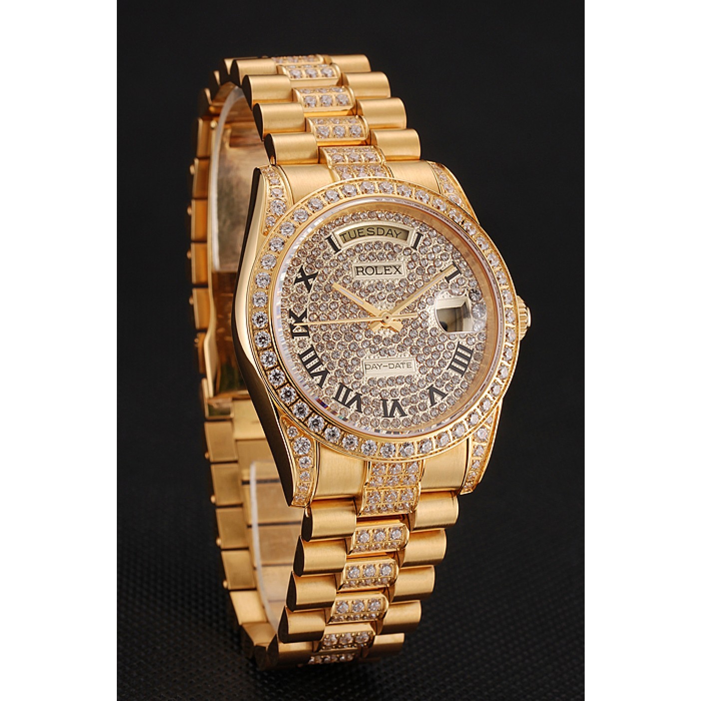 MiroTime Swiss Rolex Day-Date Diamond Pave Dial Gold Diamond Bracelet 1453956