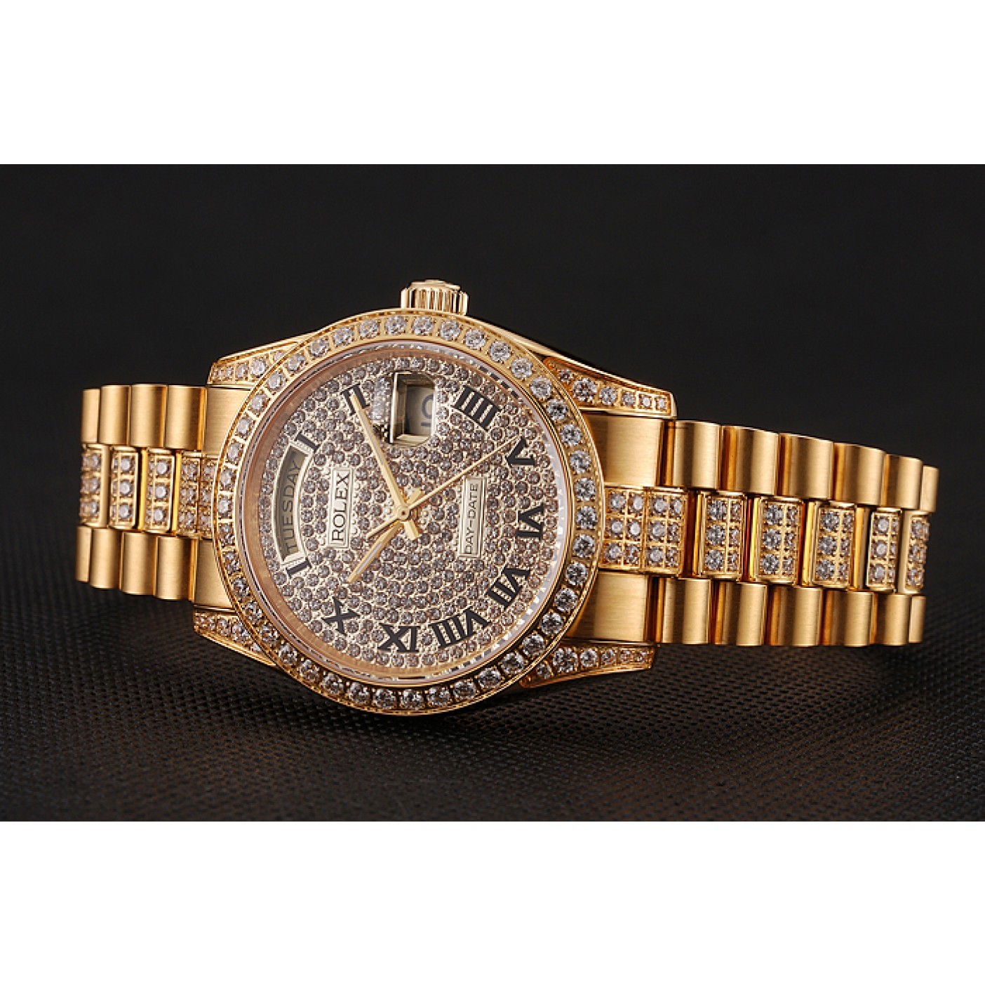 MiroTime Swiss Rolex Day-Date Diamond Pave Dial Gold Diamond Bracelet 1453956
