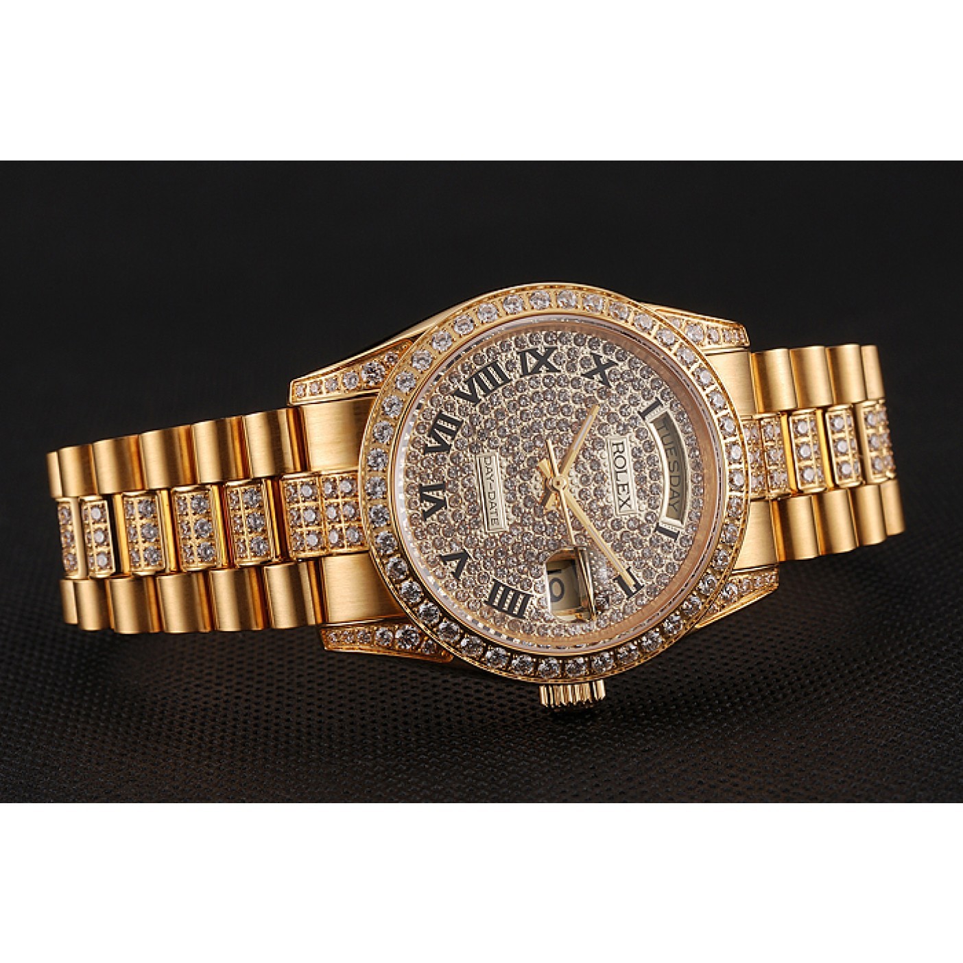 MiroTime Swiss Rolex Day-Date Diamond Pave Dial Gold Diamond Bracelet 1453956