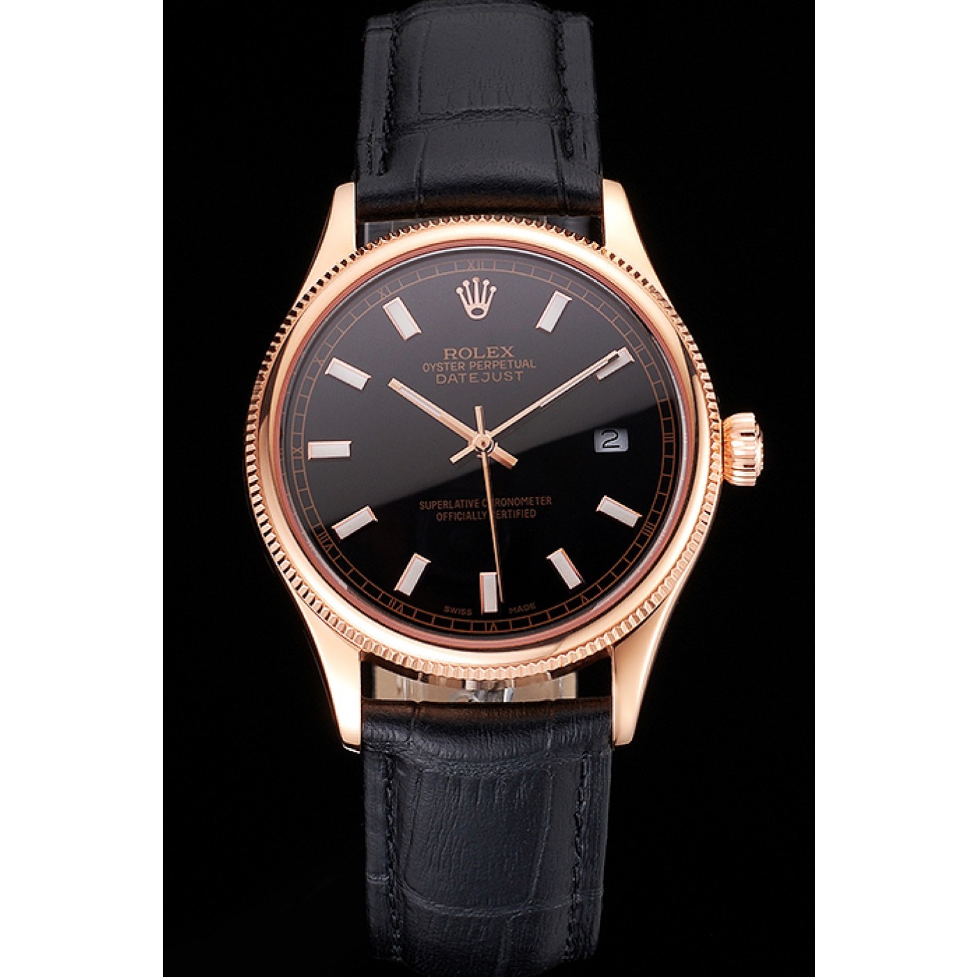 MiroTime Swiss Rolex Datejust Black Dial Rose Gold Case Black Leather Strap