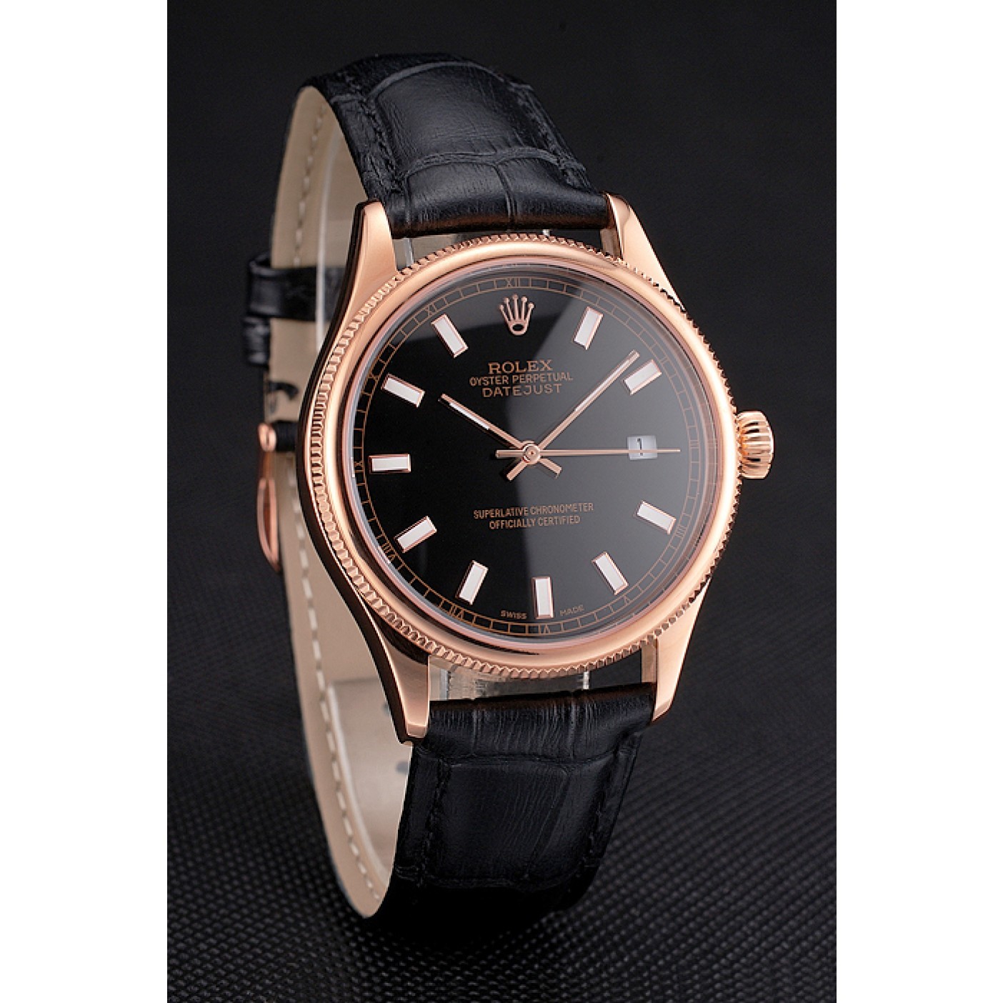 MiroTime Swiss Rolex Datejust Black Dial Rose Gold Case Black Leather Strap