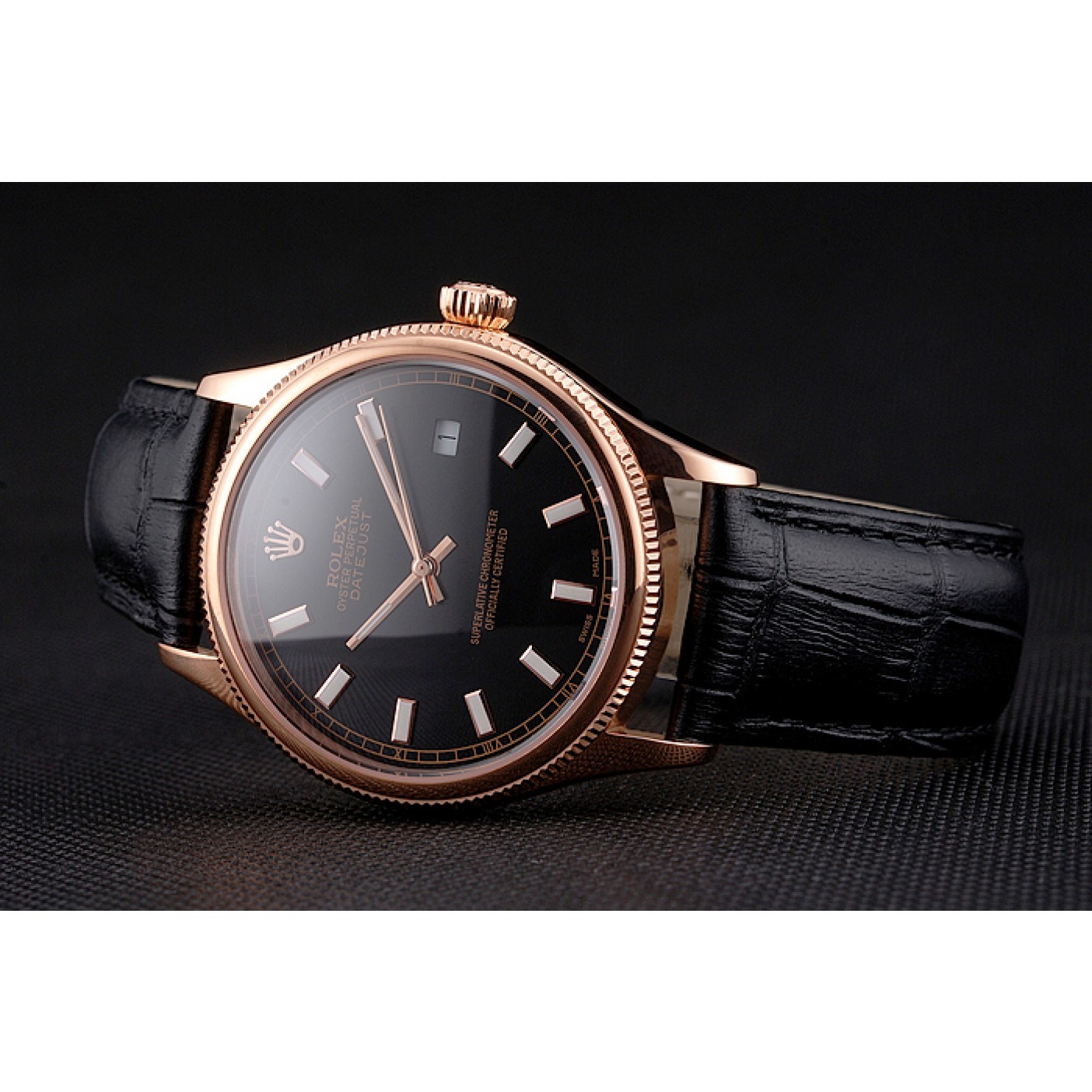 MiroTime Swiss Rolex Datejust Black Dial Rose Gold Case Black Leather Strap