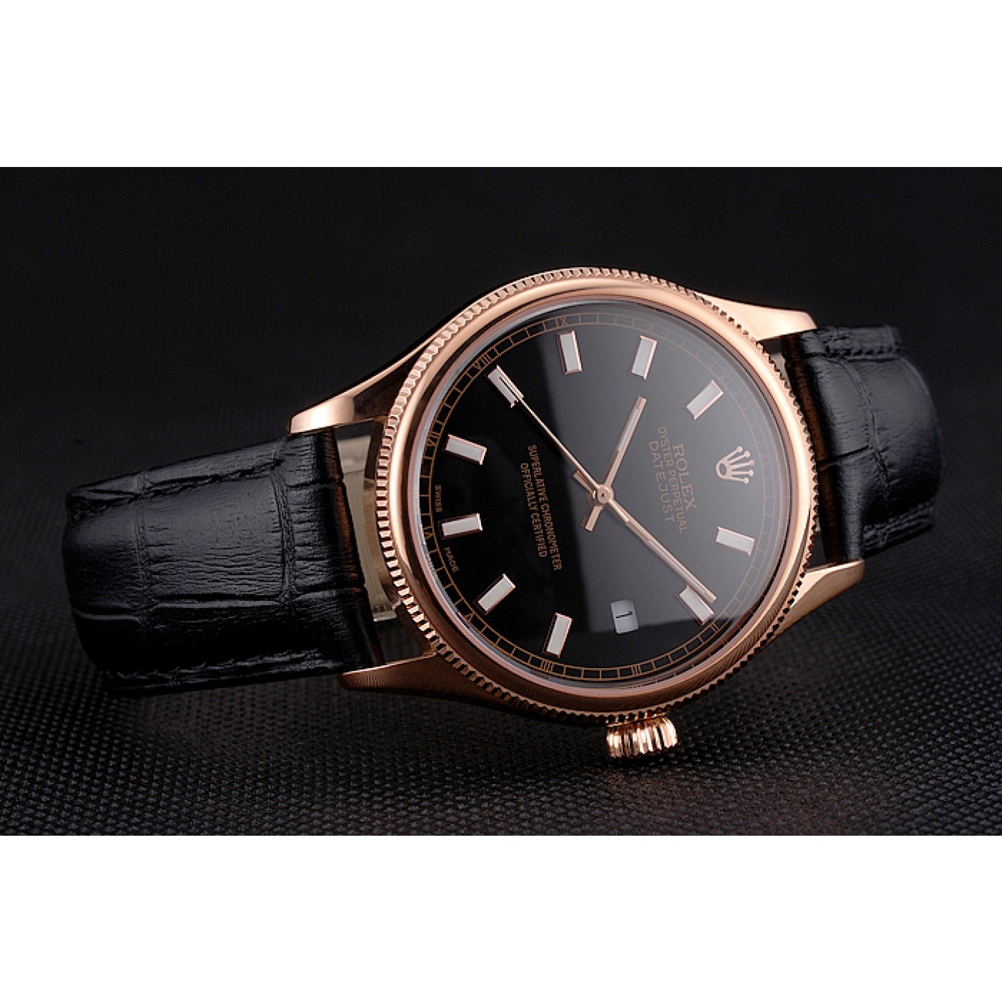 MiroTime Swiss Rolex Datejust Black Dial Rose Gold Case Black Leather Strap