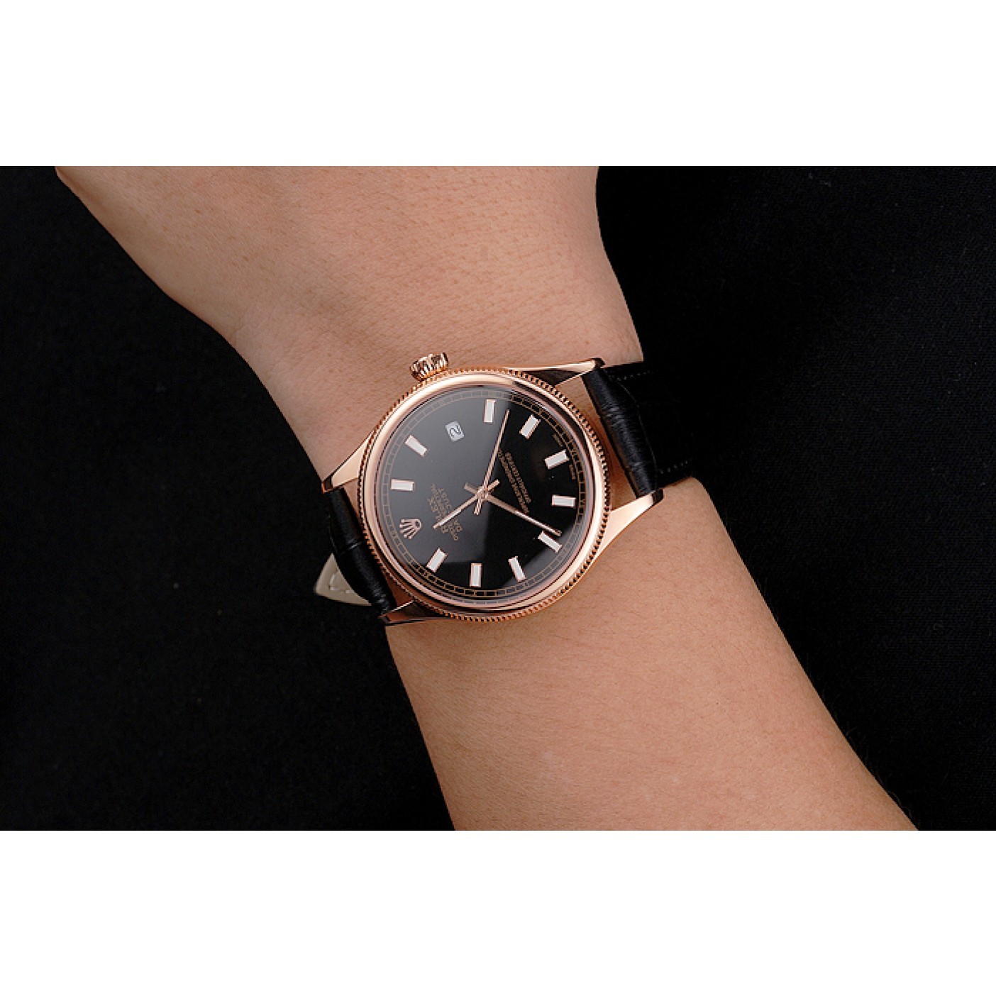 MiroTime Swiss Rolex Datejust Black Dial Rose Gold Case Black Leather Strap