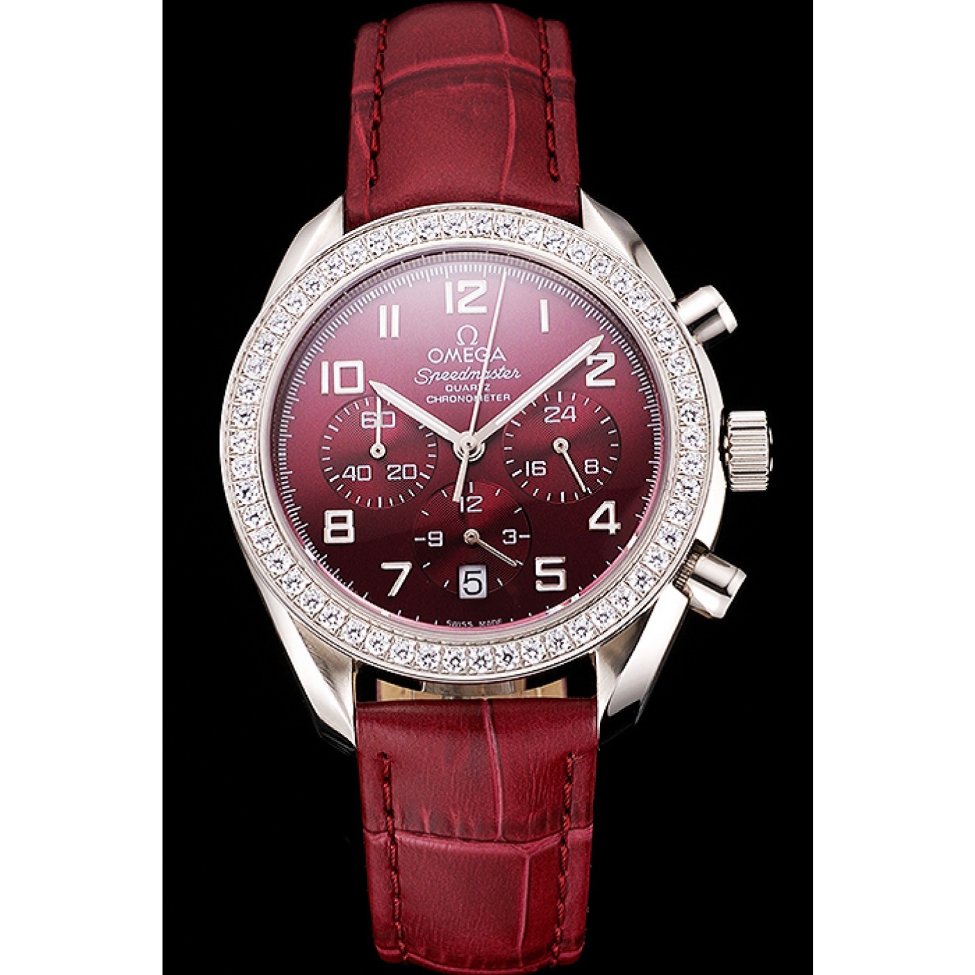 MiroTime Omega Speedmaster Burgundy Dial Stainless Steel Case Diamond Bezel Burgundy Leather Strap