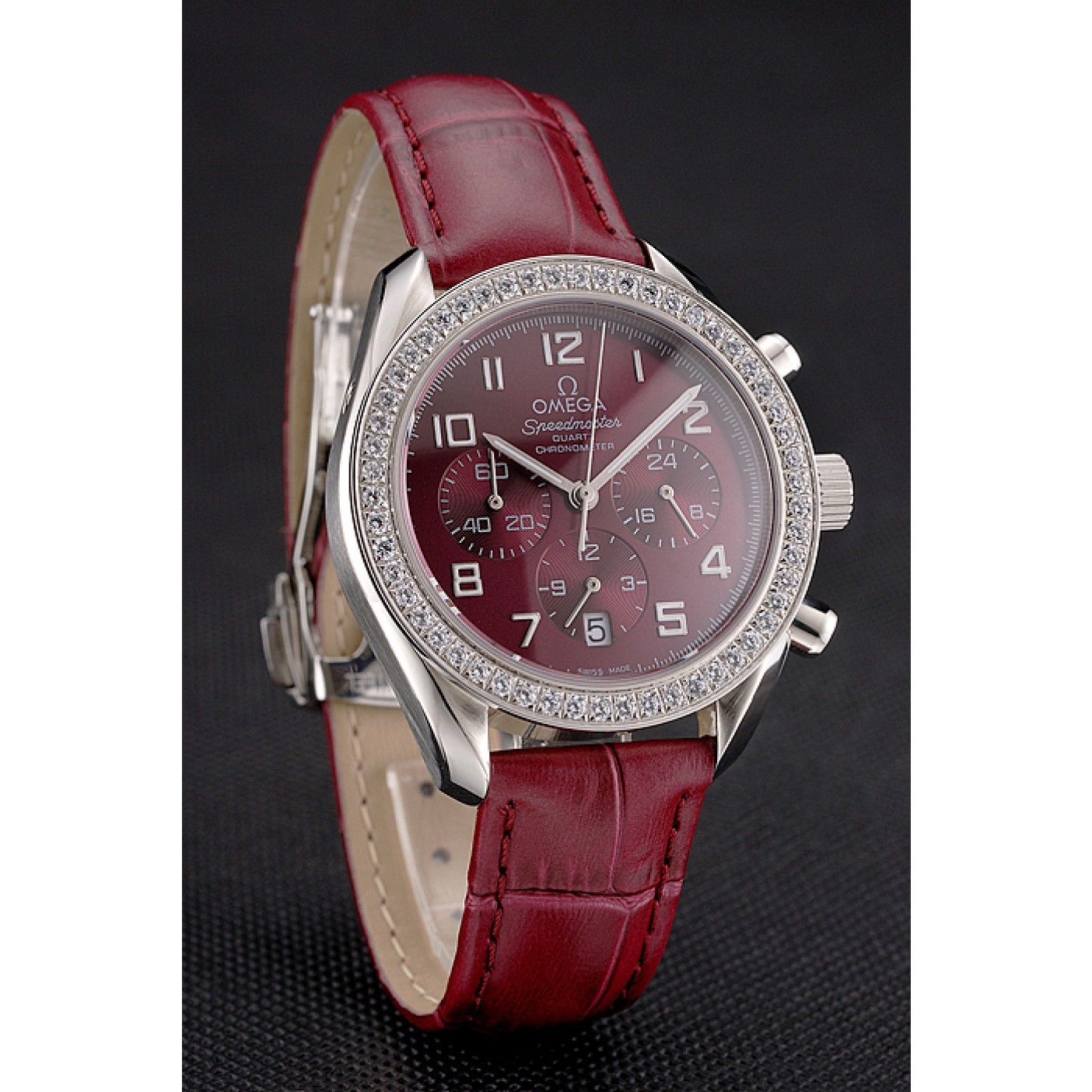 MiroTime Omega Speedmaster Burgundy Dial Stainless Steel Case Diamond Bezel Burgundy Leather Strap