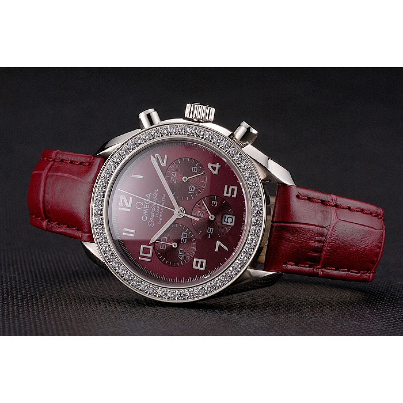 MiroTime Omega Speedmaster Burgundy Dial Stainless Steel Case Diamond Bezel Burgundy Leather Strap
