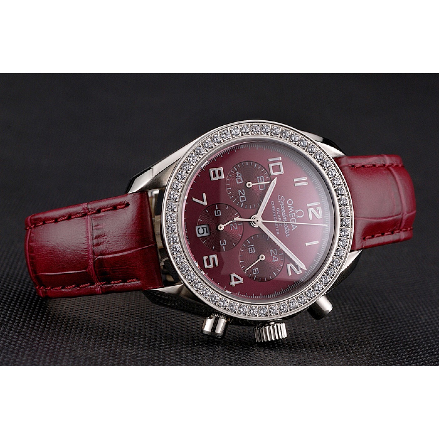MiroTime Omega Speedmaster Burgundy Dial Stainless Steel Case Diamond Bezel Burgundy Leather Strap