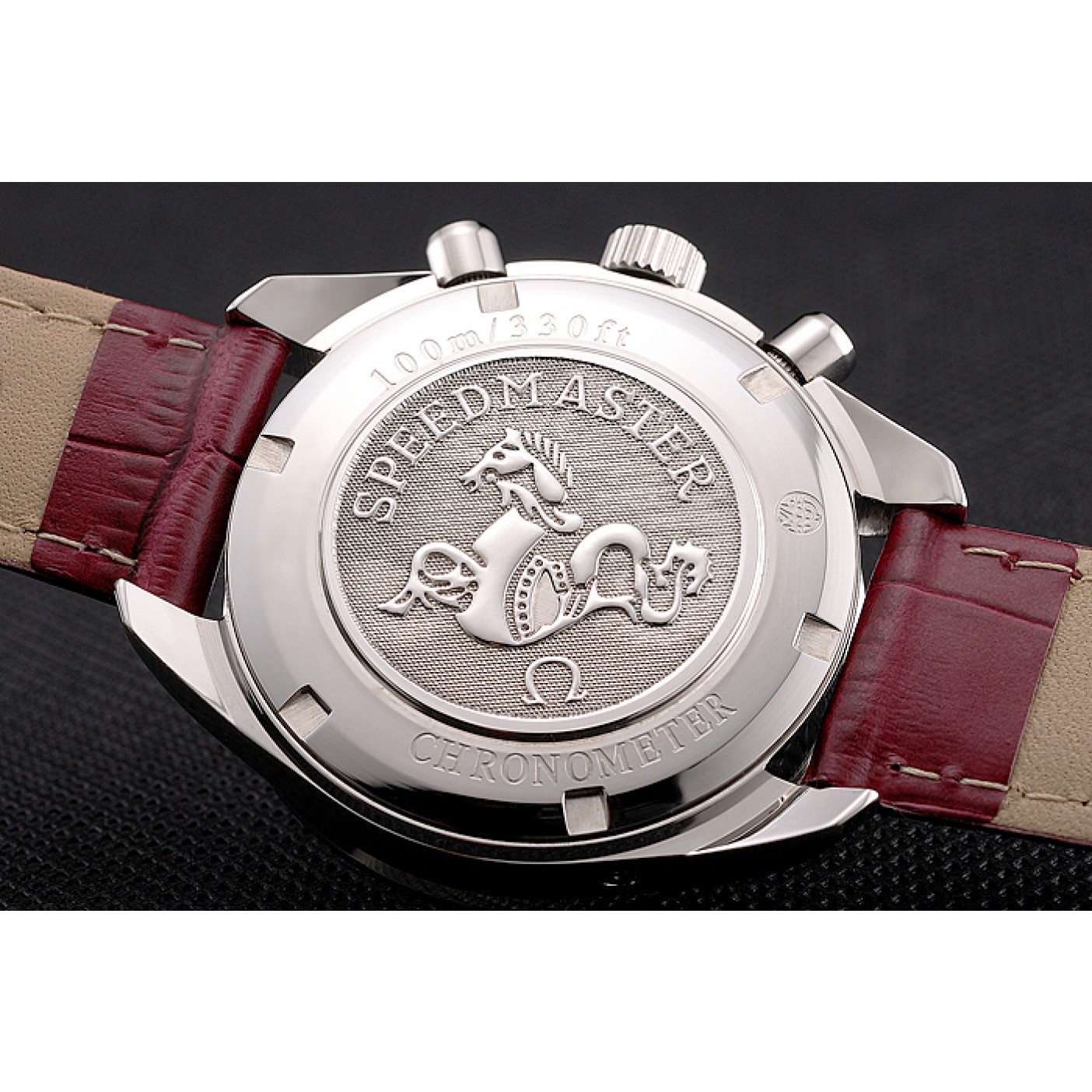 MiroTime Omega Speedmaster Burgundy Dial Stainless Steel Case Diamond Bezel Burgundy Leather Strap