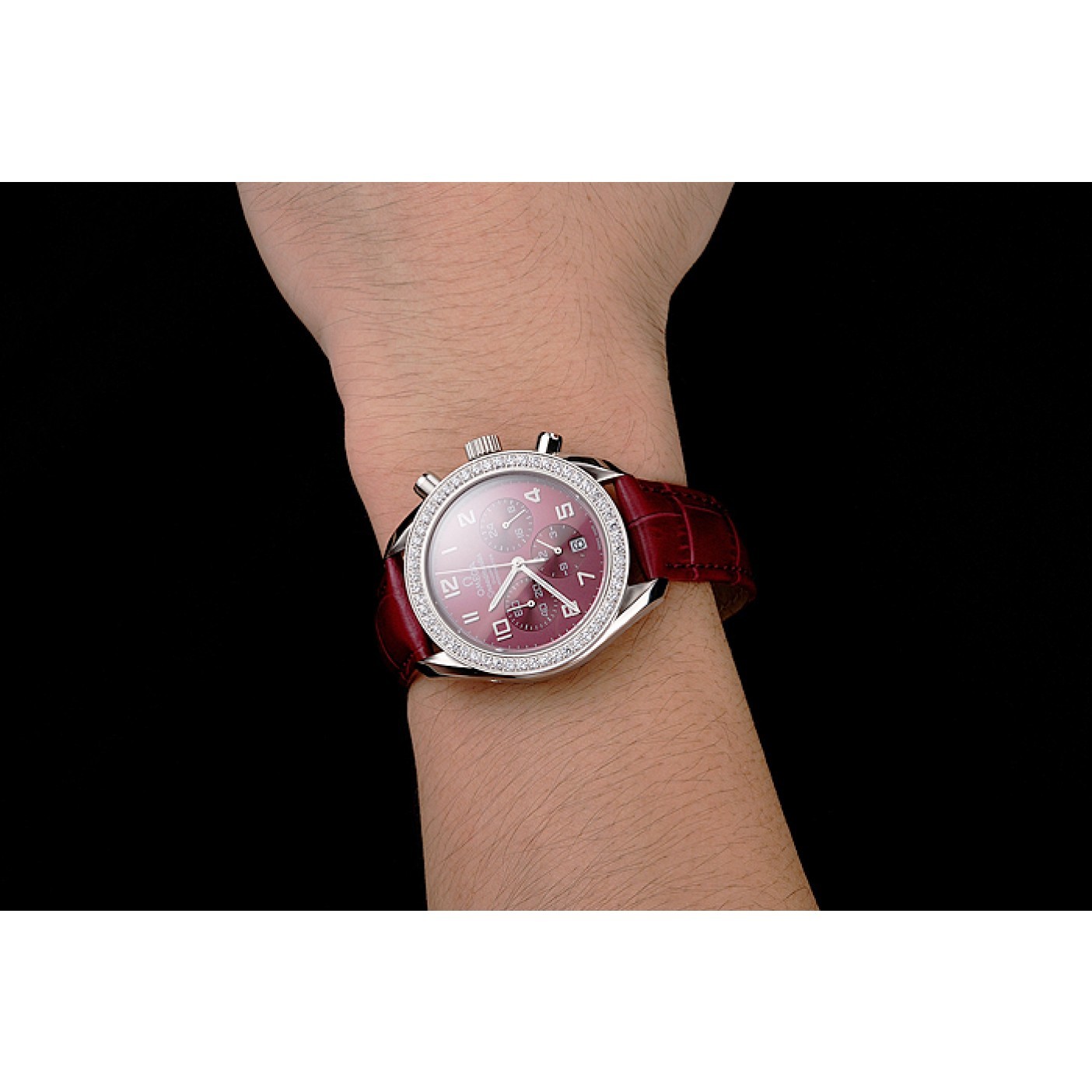MiroTime Omega Speedmaster Burgundy Dial Stainless Steel Case Diamond Bezel Burgundy Leather Strap