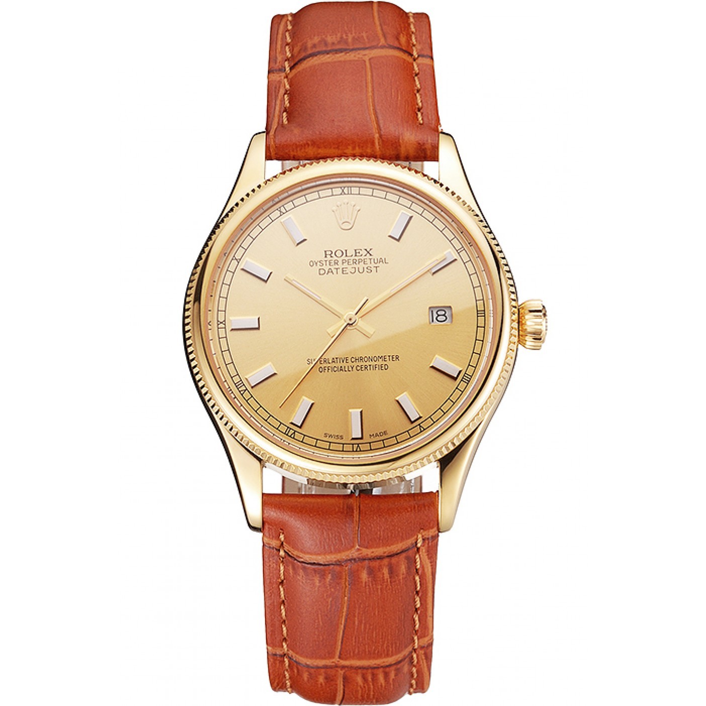 MiroTime Swiss Rolex Datejust Gold Dial Gold Case Light Brown Leather Strap