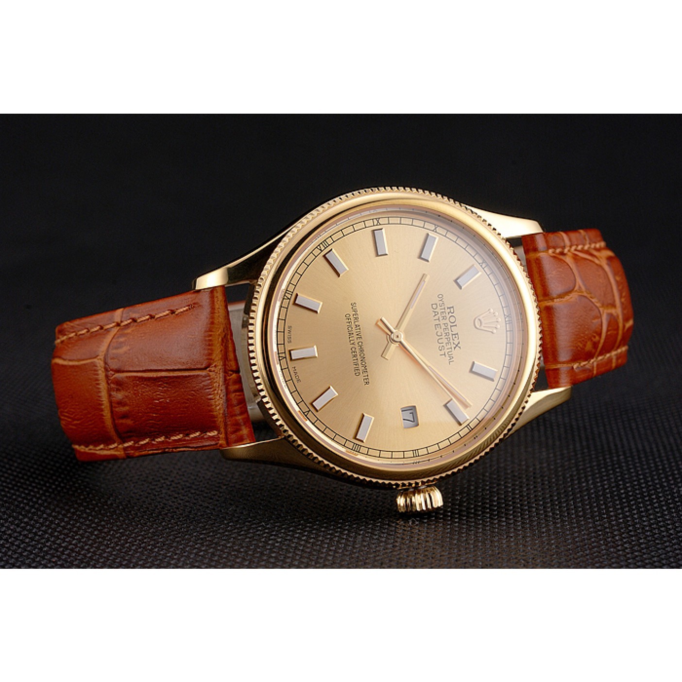 MiroTime Swiss Rolex Datejust Gold Dial Gold Case Light Brown Leather Strap