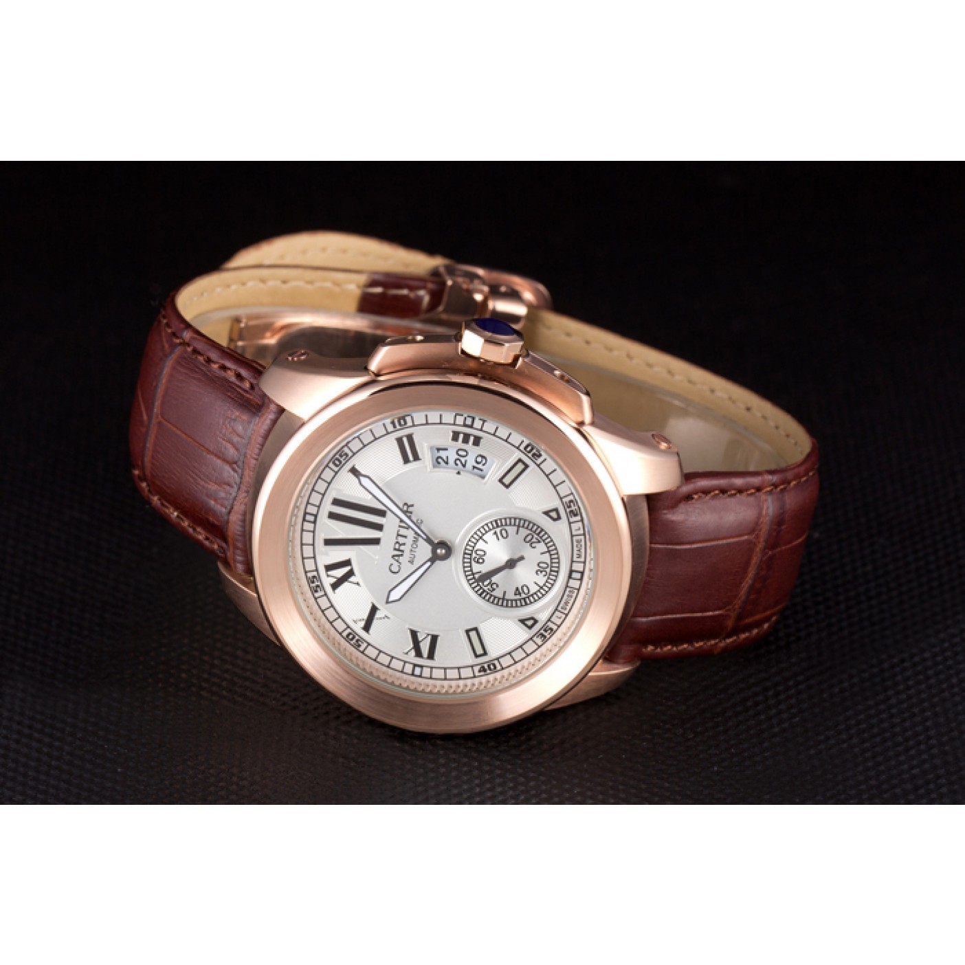 MiroTime Cartier Calibre White Dial Gold Case Brown Leather Bracelet