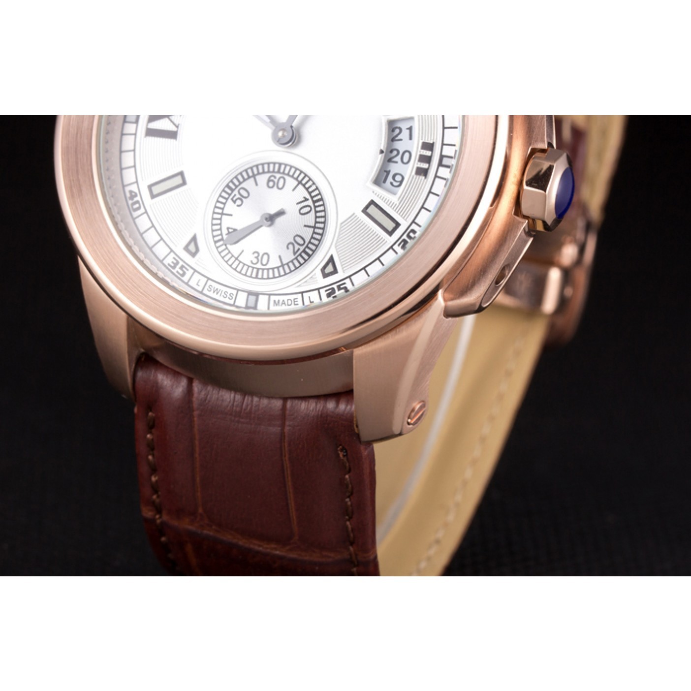 MiroTime Cartier Calibre White Dial Gold Case Brown Leather Bracelet