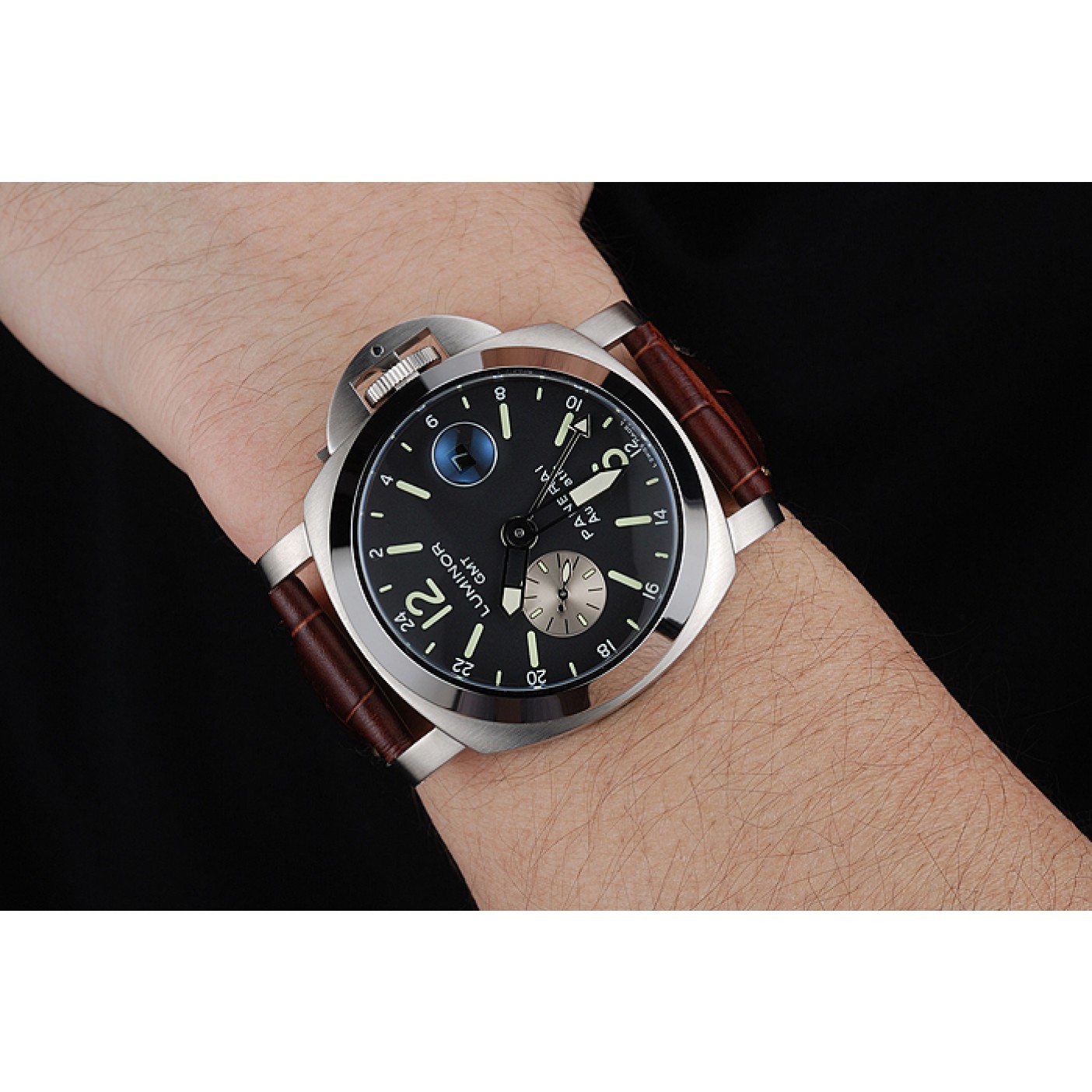 MiroTime Panerai Luminor GMT Black Dial Brown Leather Bracelet