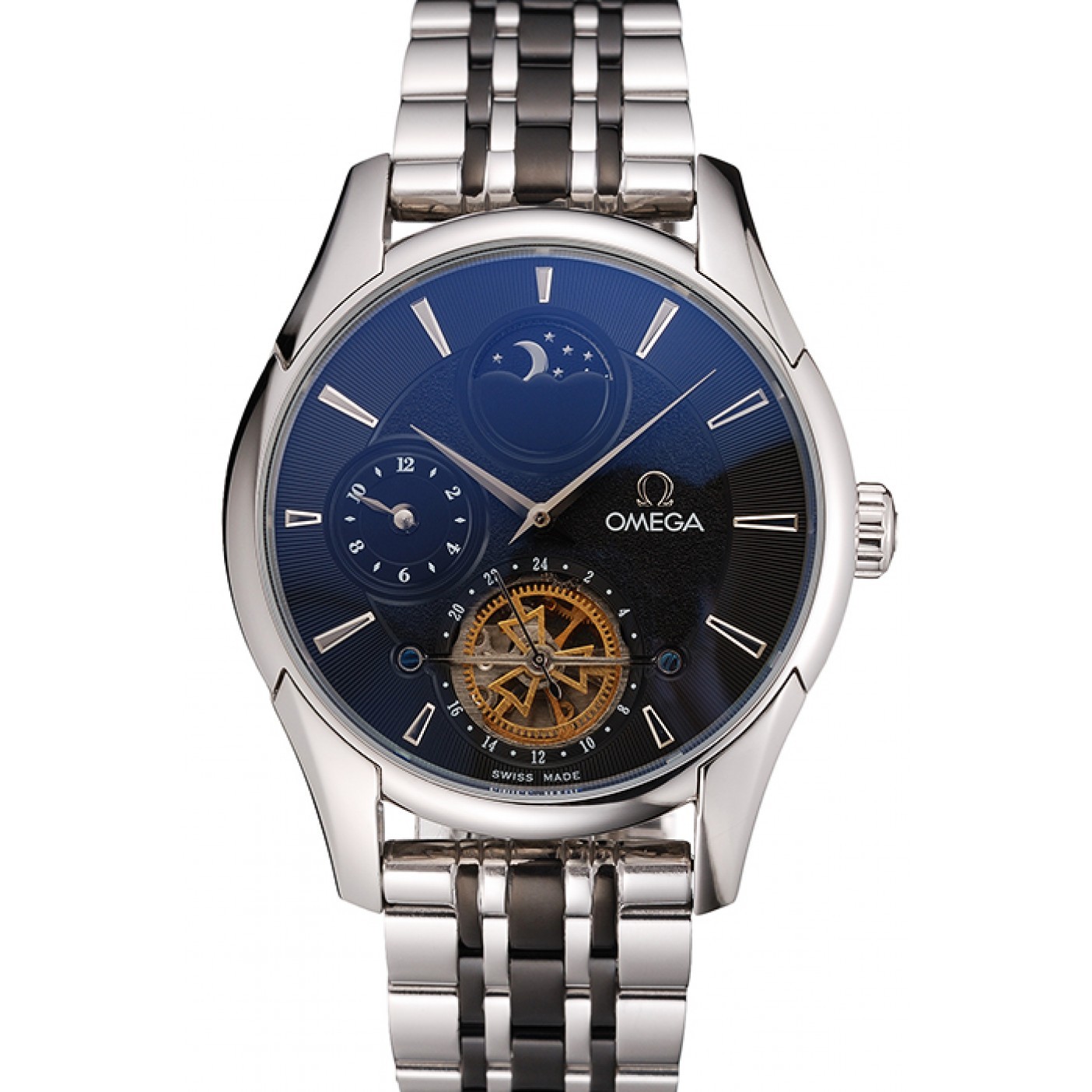 MiroTime Omega De Ville Moonphase Tourbillon Black Dial Stainless Steel Case Two Tone Black Steel Bracelet