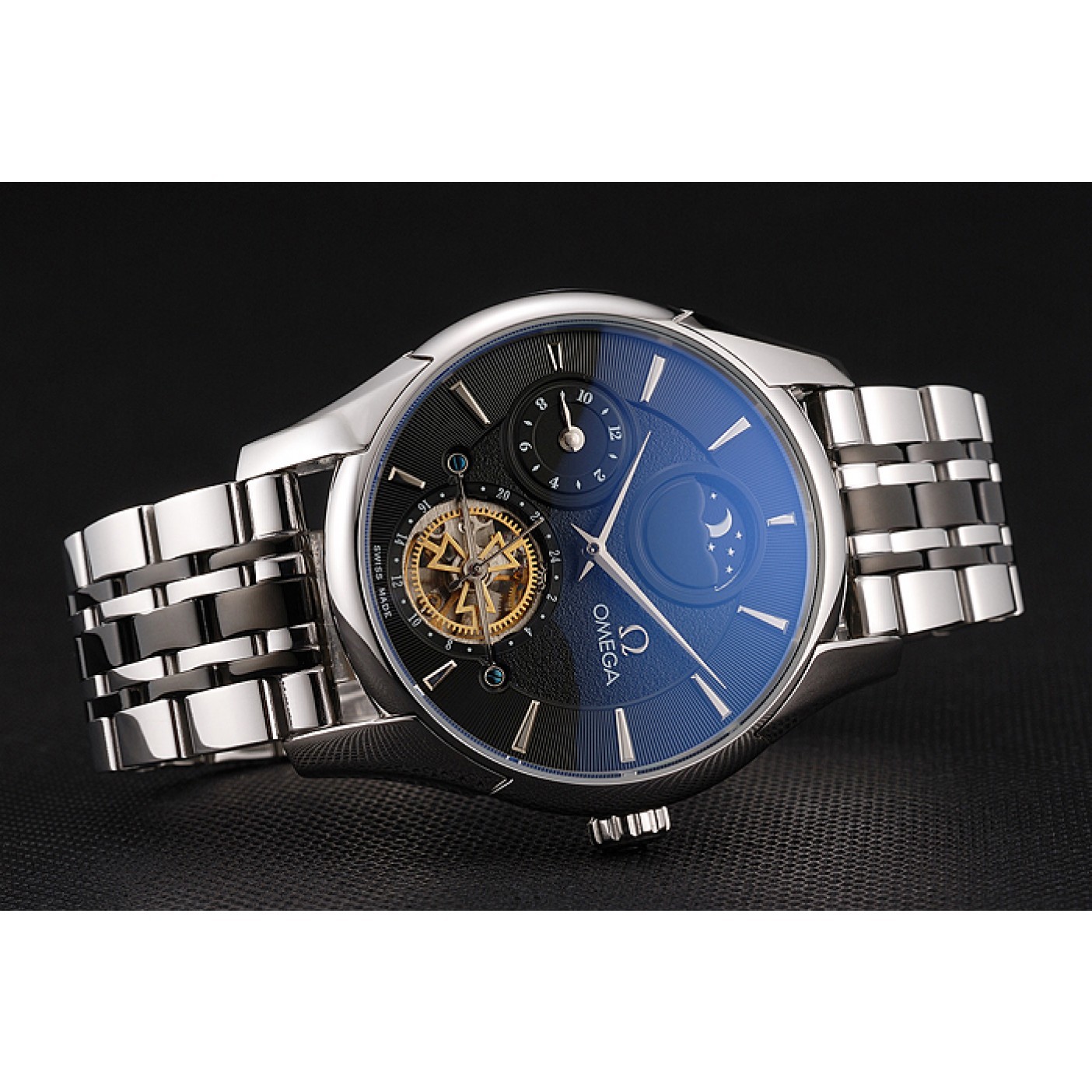 MiroTime Omega De Ville Moonphase Tourbillon Black Dial Stainless Steel Case Two Tone Black Steel Bracelet