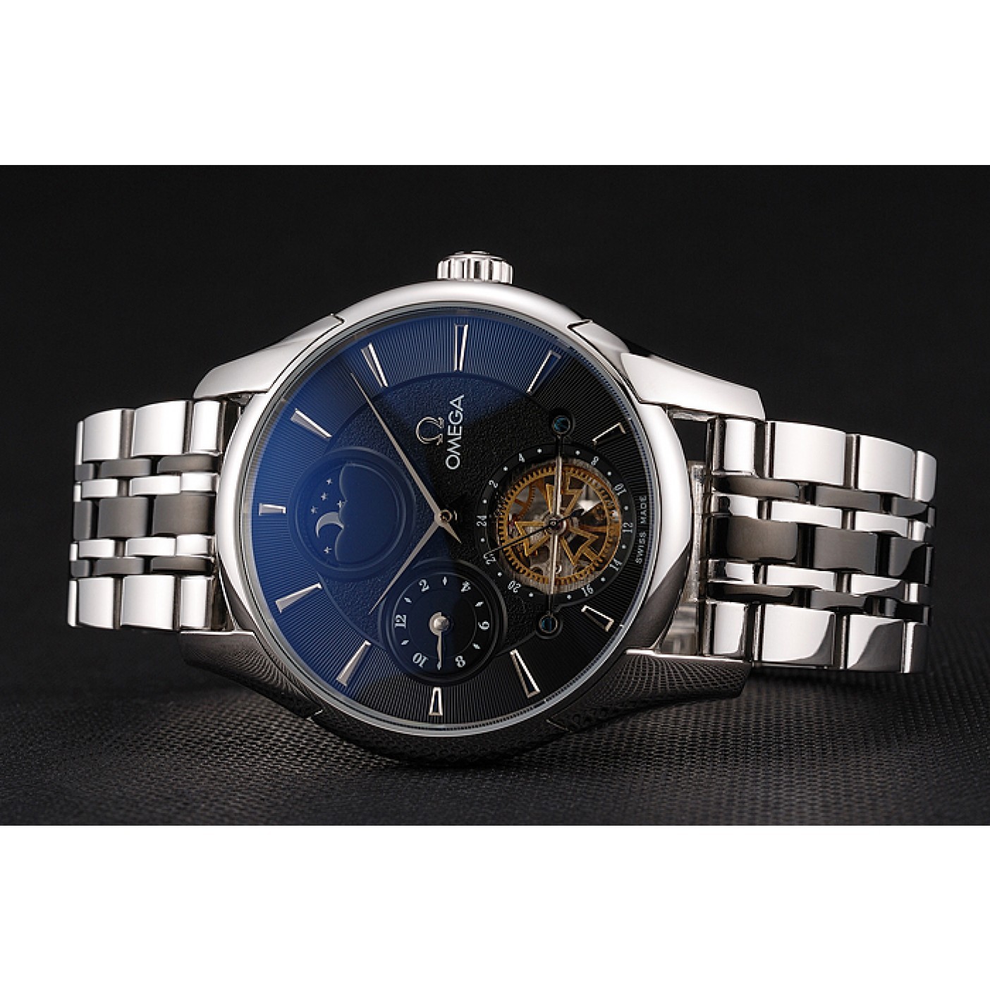 MiroTime Omega De Ville Moonphase Tourbillon Black Dial Stainless Steel Case Two Tone Black Steel Bracelet