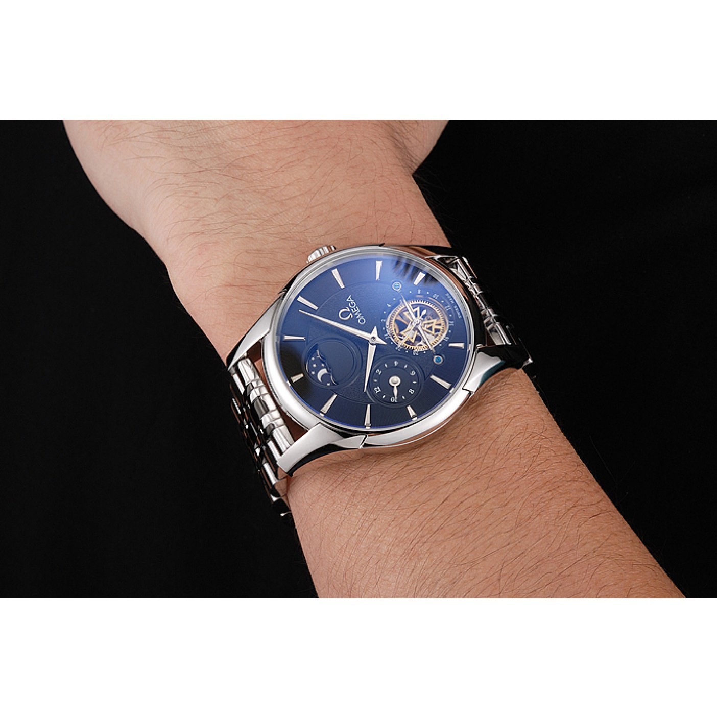 MiroTime Omega De Ville Moonphase Tourbillon Black Dial Stainless Steel Case Two Tone Black Steel Bracelet