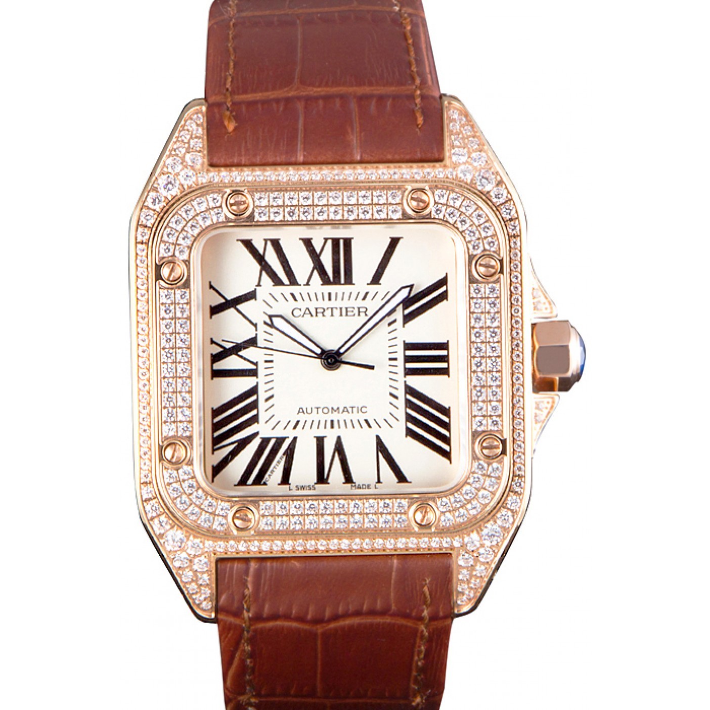 MiroTime Swiss Cartier Santos Rose Gold Bezel with Diamonds and Brown Leather Strap sct46 621530
