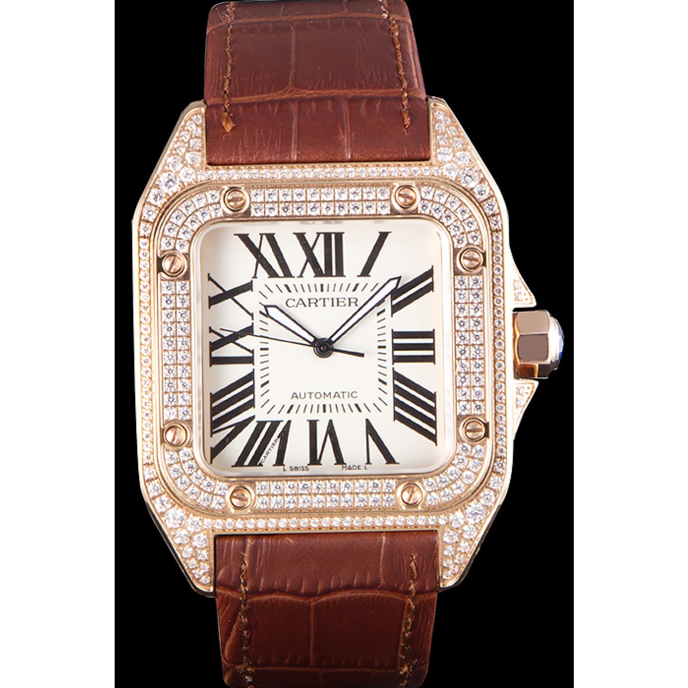 MiroTime Swiss Cartier Santos Rose Gold Bezel with Diamonds and Brown Leather Strap sct46 621530