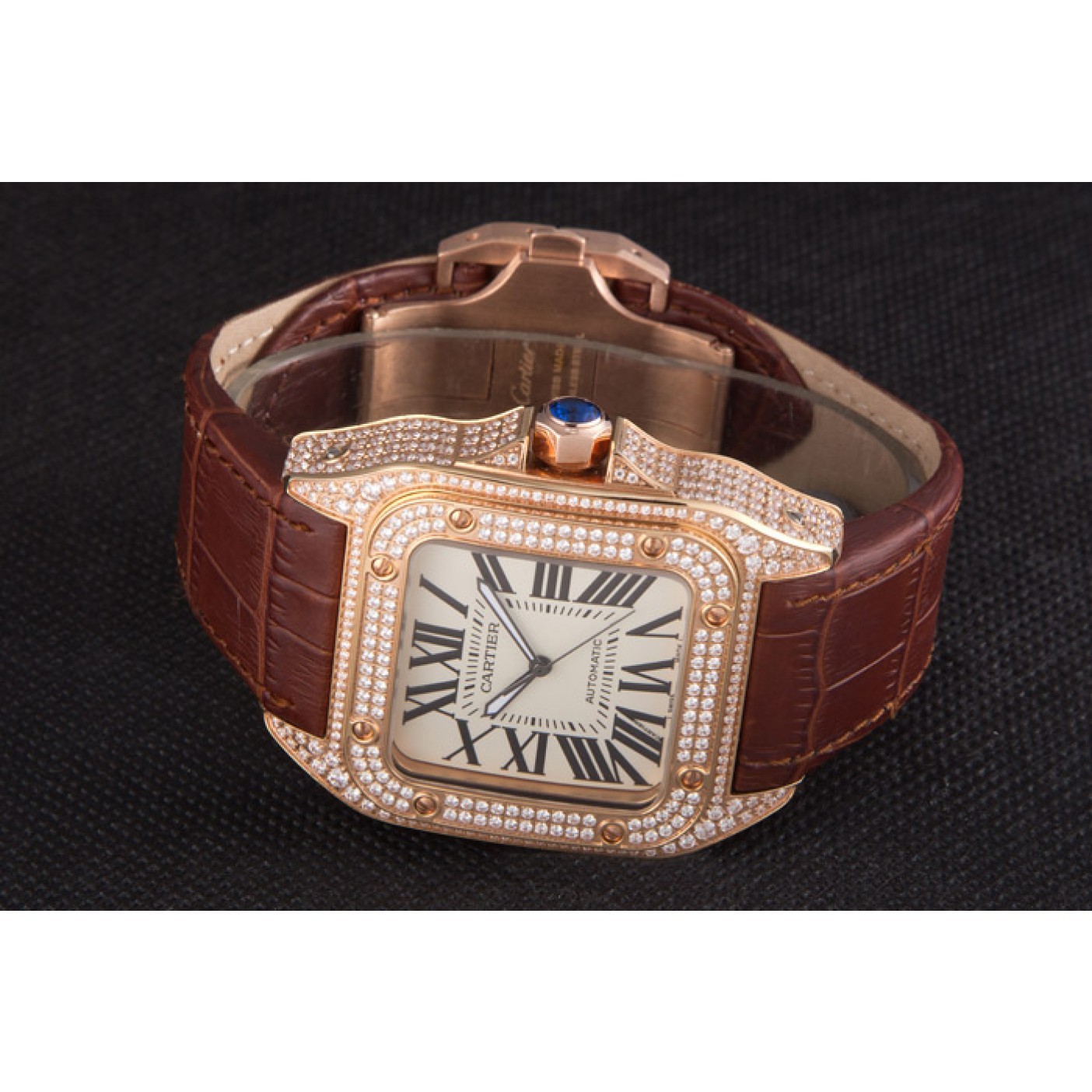 MiroTime Swiss Cartier Santos Rose Gold Bezel with Diamonds and Brown Leather Strap sct46 621530