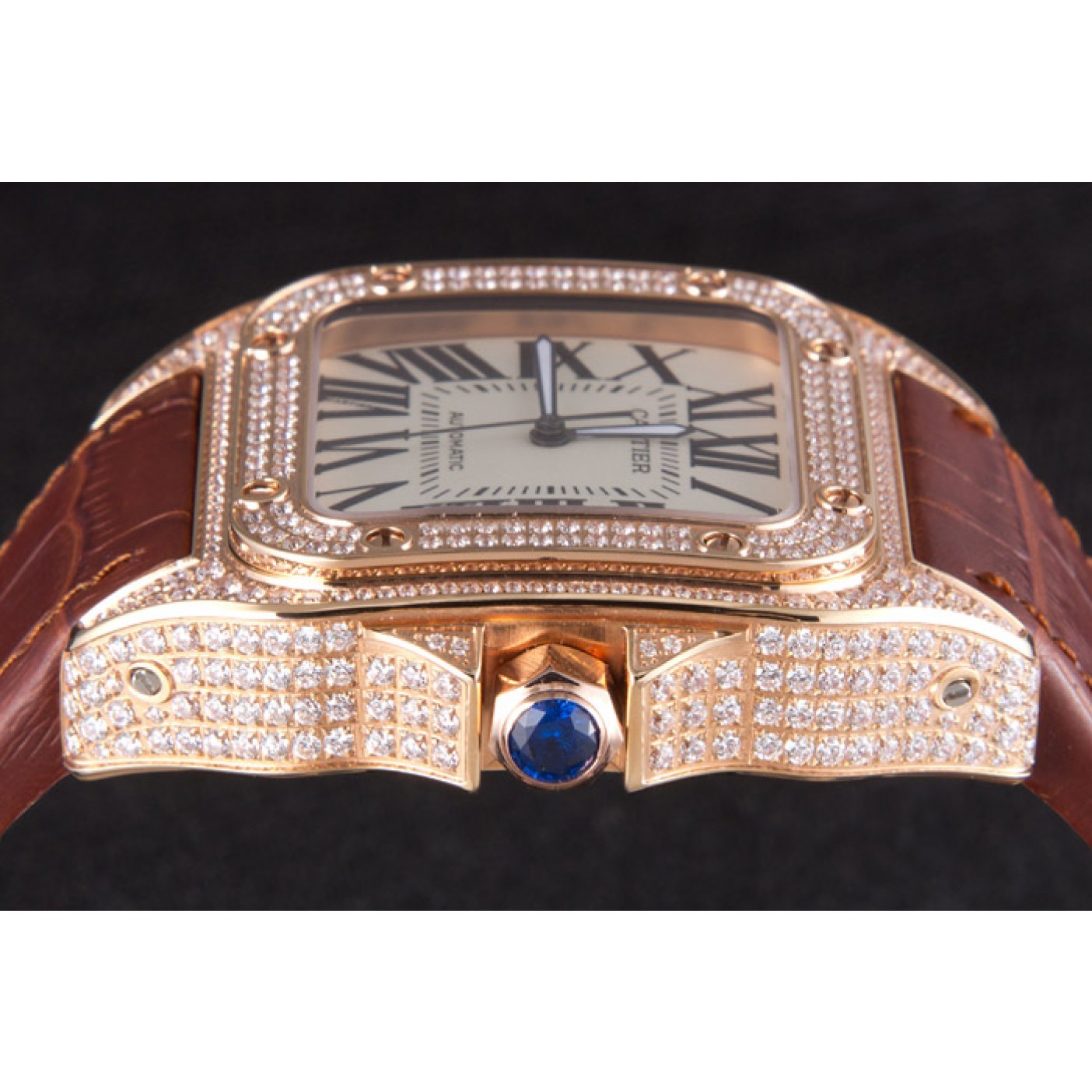 MiroTime Swiss Cartier Santos Rose Gold Bezel with Diamonds and Brown Leather Strap sct46 621530
