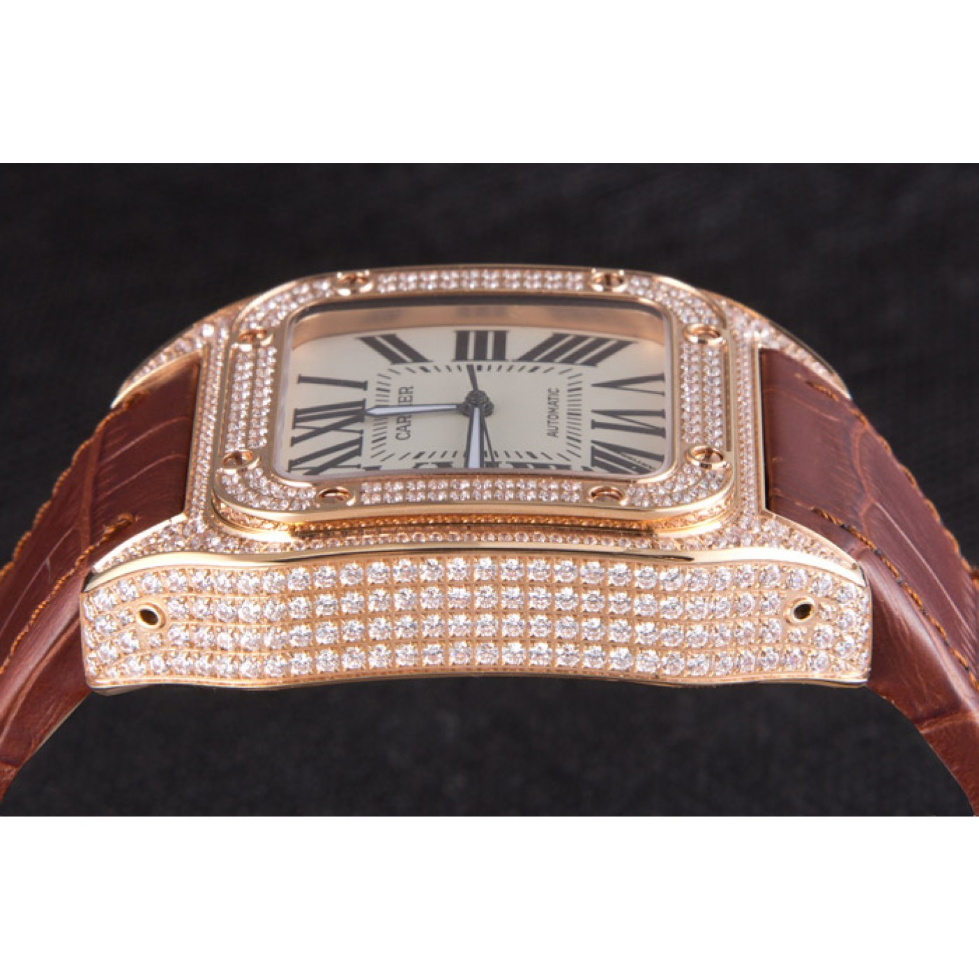 MiroTime Swiss Cartier Santos Rose Gold Bezel with Diamonds and Brown Leather Strap sct46 621530
