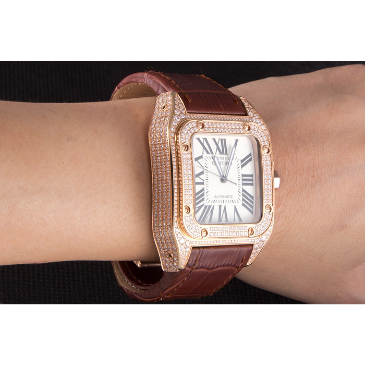 MiroTime Swiss Cartier Santos Rose Gold Bezel with Diamonds and Brown Leather Strap sct46 621530