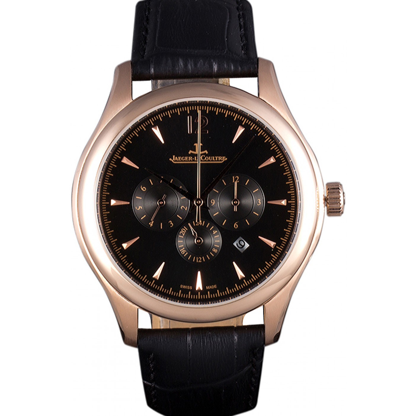 MiroTime Jaeger Lecoultre Master Chronograph Gold Bezel Black Leather Band 621619