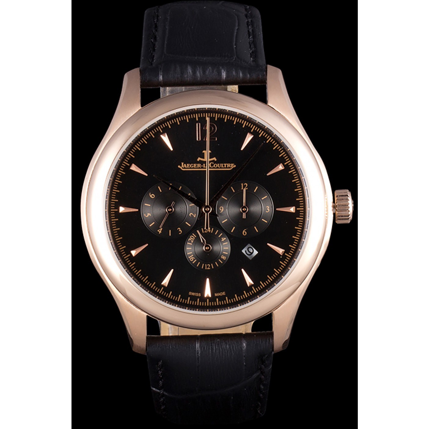 MiroTime Jaeger Lecoultre Master Chronograph Gold Bezel Black Leather Band 621619