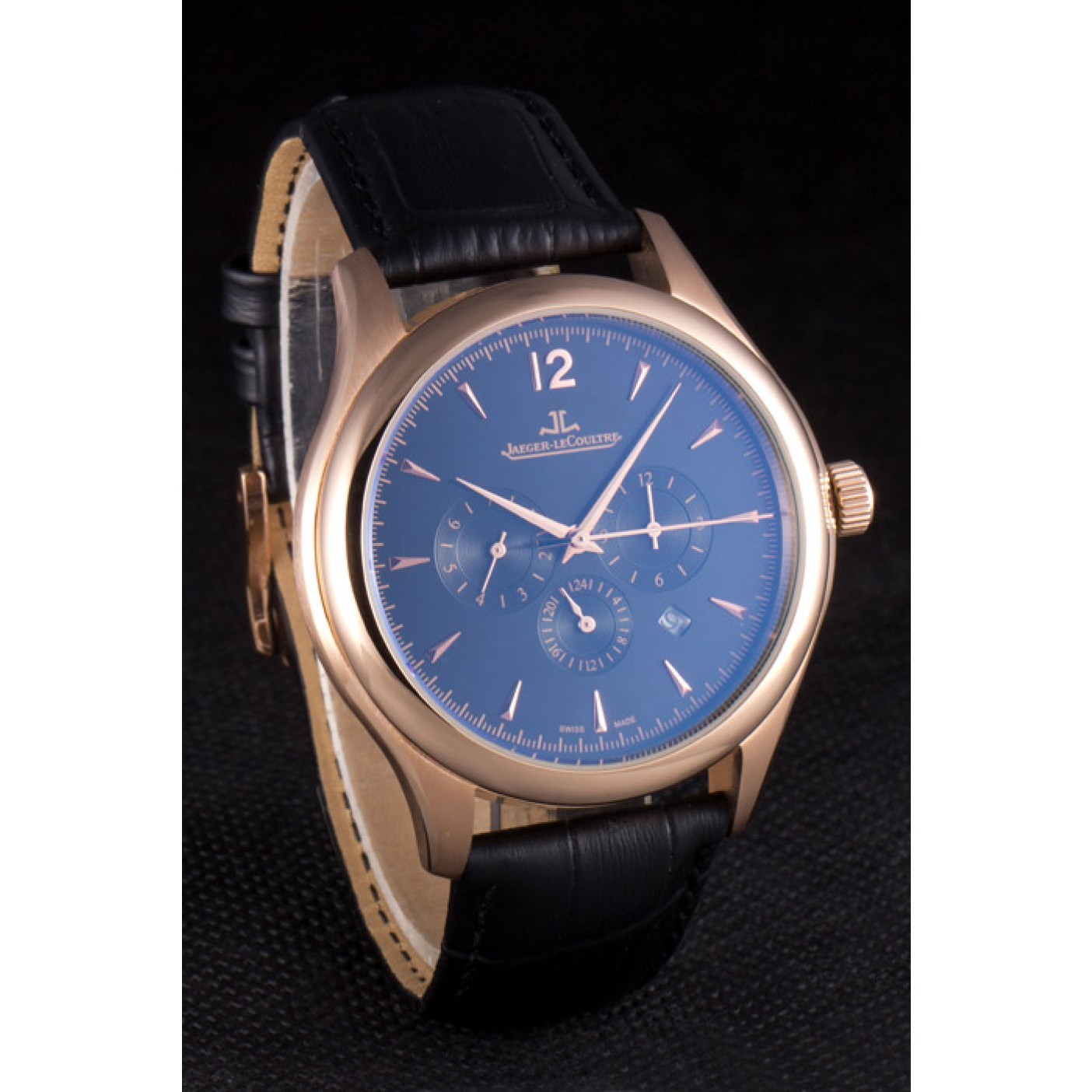 MiroTime Jaeger Lecoultre Master Chronograph Gold Bezel Black Leather Band 621619